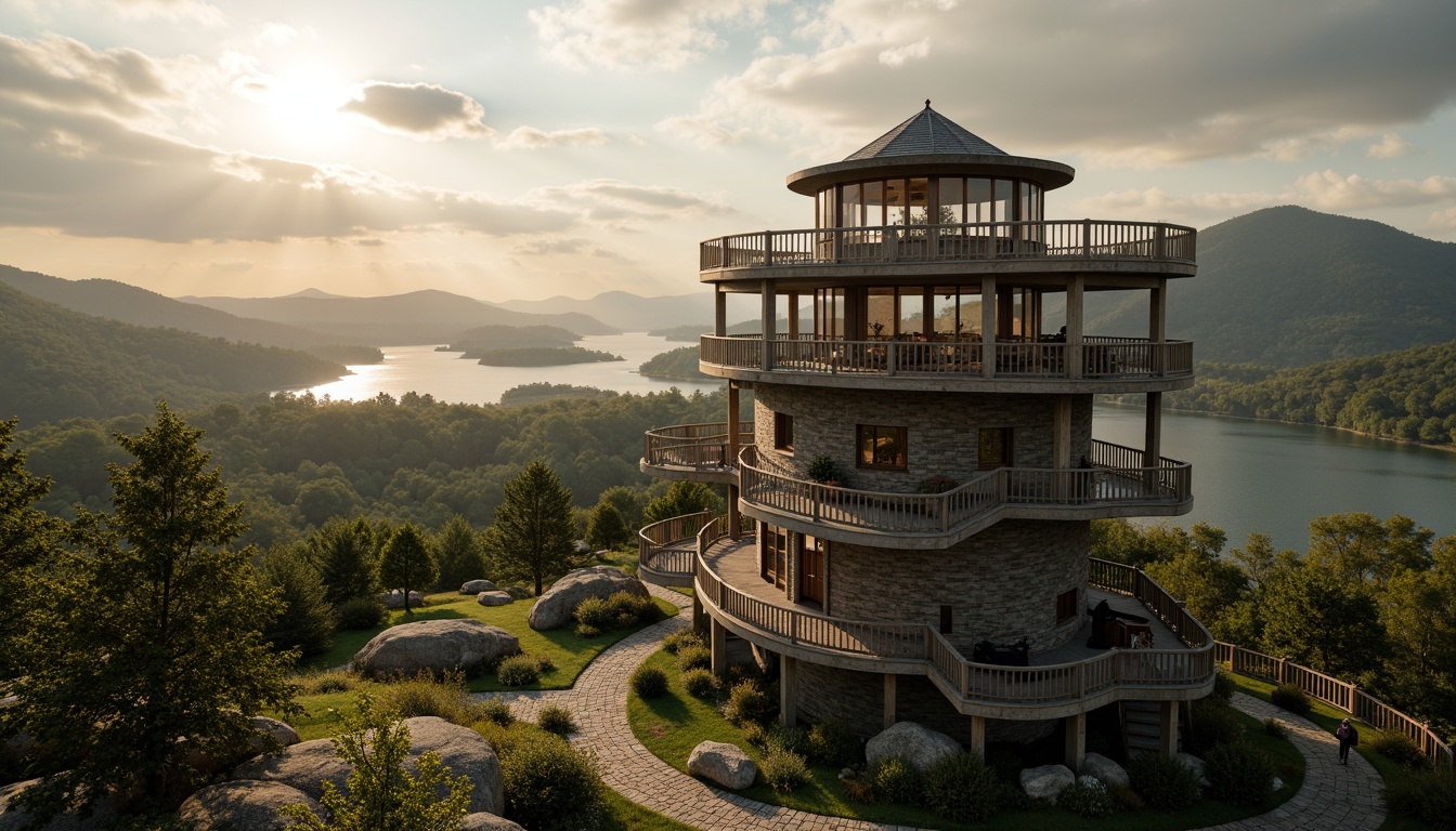 Prompt: Panoramic watchtower, rugged stone foundation, wooden observation decks, winding staircases, telescopes, binoculars, scenic lookout points, surrounding lush forests, rolling hills, misty mountains, serene lakes, rustic pathways, natural rock formations, weathered wood textures, warm golden lighting, dramatic cloud formations, 1/1 composition, atmospheric perspective, realistic foliage, subtle fog effects.