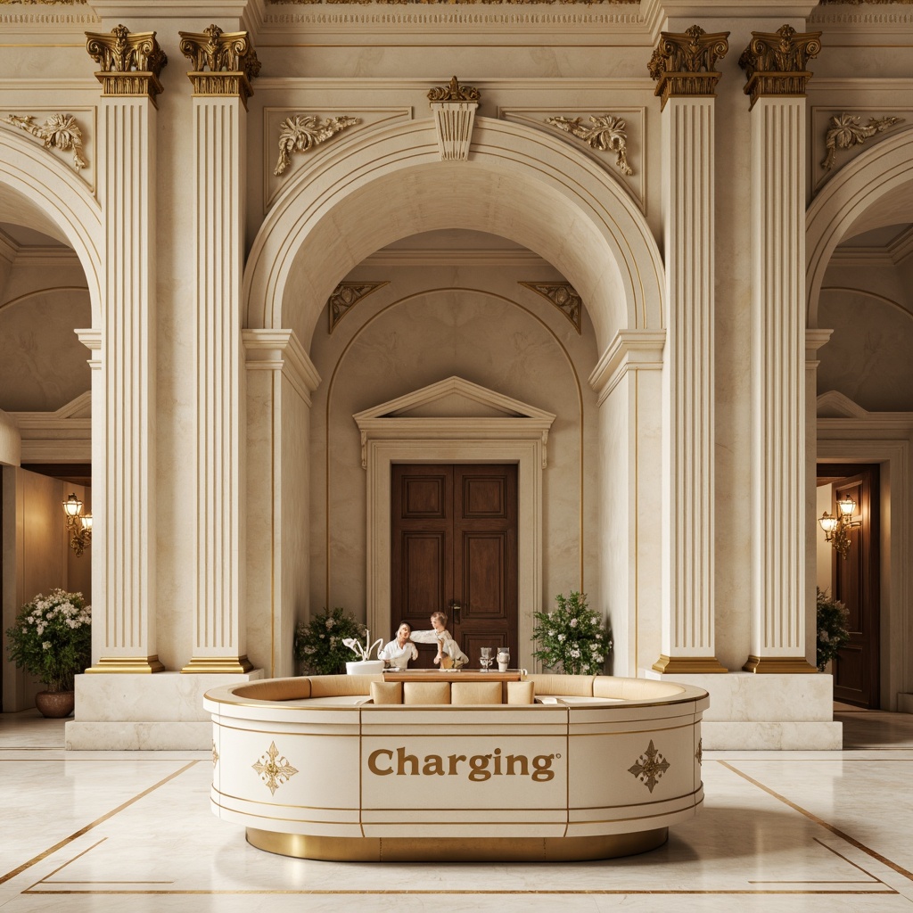 Prompt: \Neoclassical charging station, grandiose columns, ornate details, creamy white marble, rich wood accents, polished bronze fixtures, elegant archways, soft golden lighting, subtle gradient effects, 3D modeling, realistic textures, ambient occlusion, symmetrical composition, vintage-inspired typography, luxurious leather upholstery, sophisticated neutral tones, warm beige walls, cream-colored floors, refined metalwork, intricate moldings, ornamental patterns.\