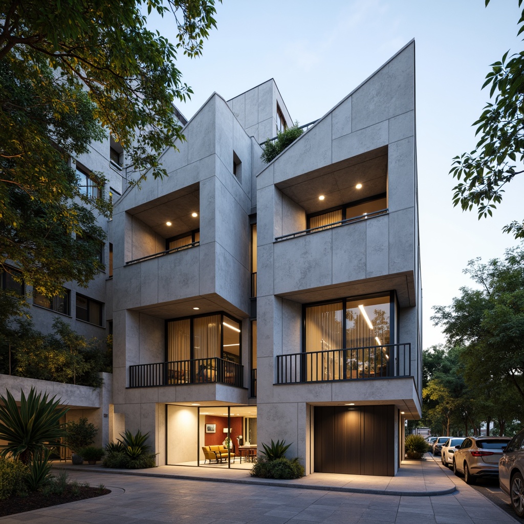 Prompt: Brutalist concrete facade, exposed ductwork, industrial metal beams, angular geometric shapes, minimalist ornamentation, raw unfinished textures, dramatic cantilevered overhangs, asymmetrical composition, poured-in-place concrete walls, recessed window openings, shaded exterior spaces, dappled warm lighting, 1/1 composition, low-angle view, realistic material rendering, ambient occlusion.