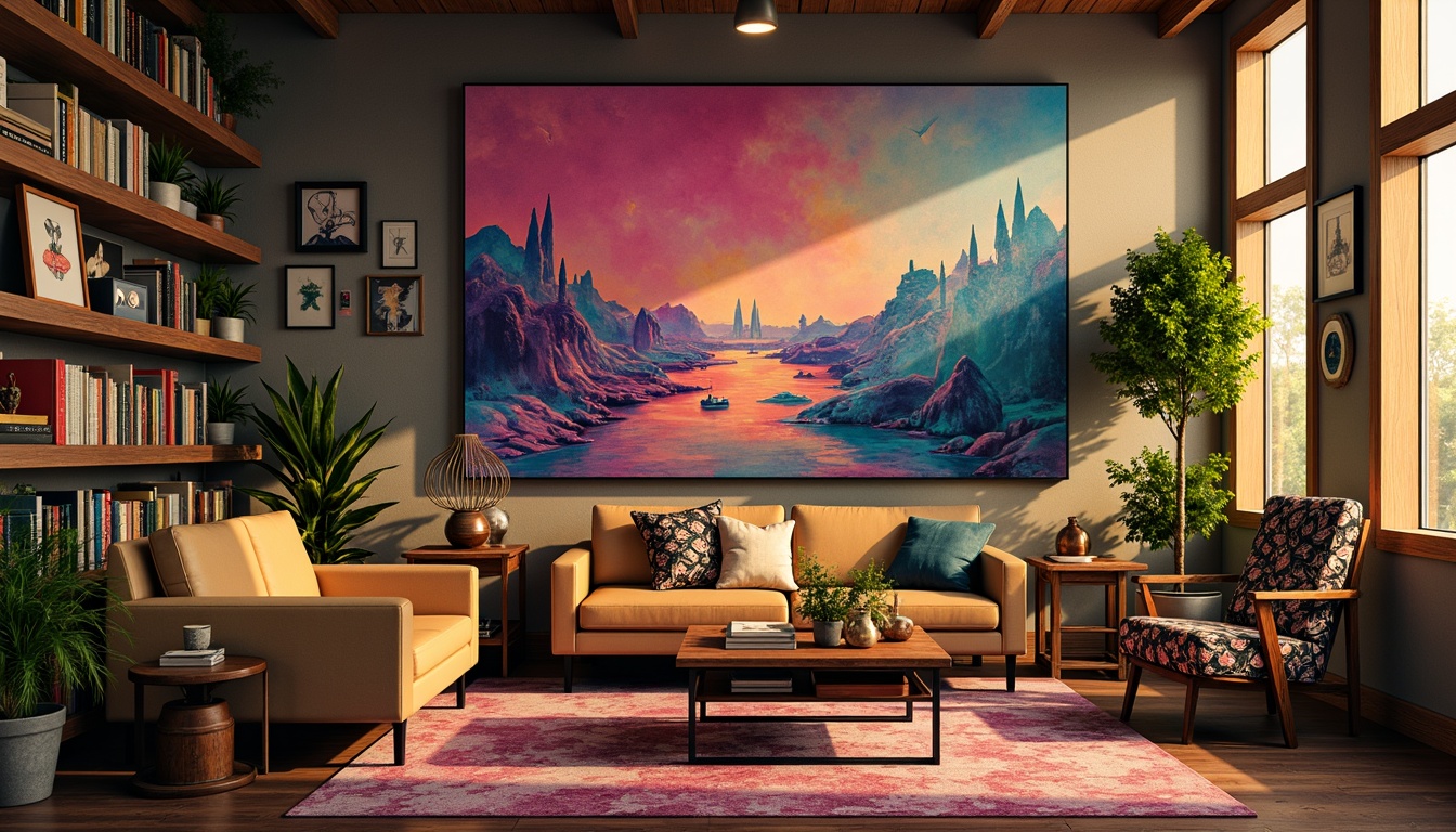 Prompt: Vibrant artistic studio, eclectic furniture, bold brushstrokes, abstract canvas, rich textures, metallic accents, warm golden lighting, dramatic shadows, 3/4 composition, shallow depth of field, soft focus, realistic rendering, ambient occlusion, intricate patterns, mesmerizing gradients, dynamic color blocking, futuristic neon hues, pastel accents, iridescent sheen.