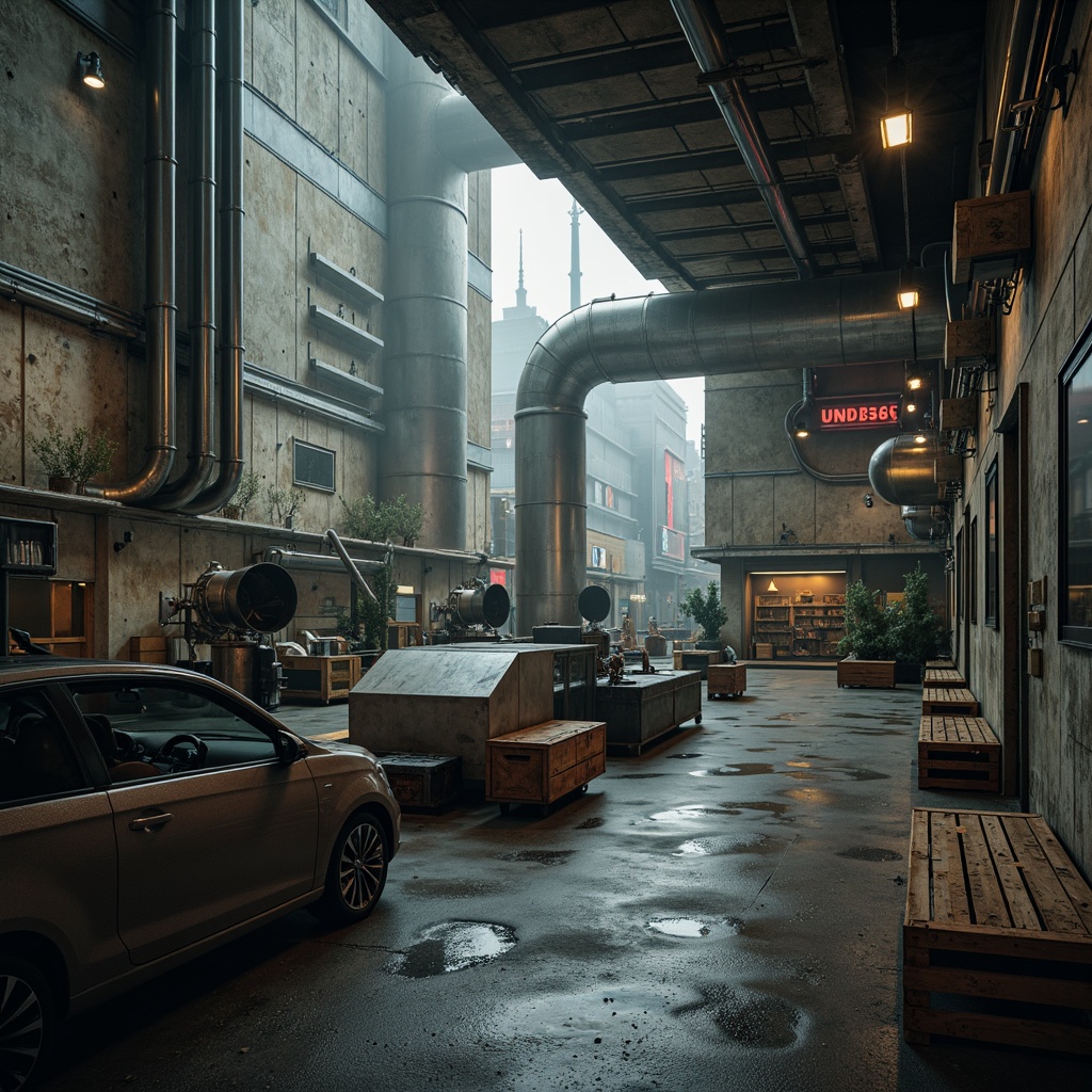 Prompt: Industrial factory setting, exposed ductwork, metallic pipes, distressed concrete walls, organic blob-like structures, curved lines, irregular shapes, futuristic architecture, neon-lit signage, misty atmospheric lighting, shallow depth of field, 1/2 composition, cinematic view, realistic textures, ambient occlusion, rusty machinery, worn wooden crates, urban cityscape background, overcast cloudy sky.