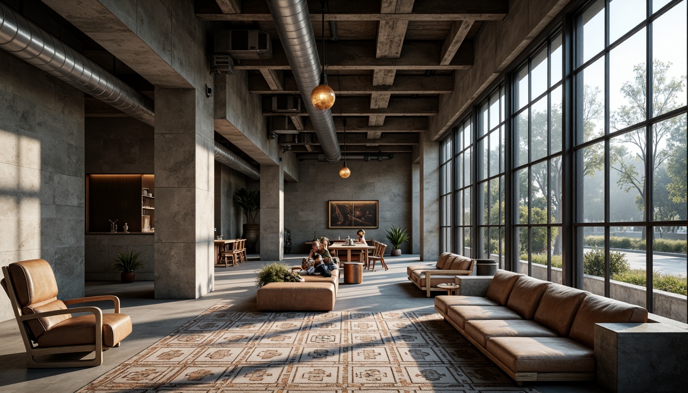 Prompt: Rough-hewn stone walls, brutalist concrete columns, rugged metal beams, industrial-style pipes, minimalist glass facades, raw unfinished wood accents, distressed leather upholstery, oxidized copper details, geometric patterned rugs, monochromatic color schemes, dramatic high ceilings, open floor plans, functional minimal decor, cold atmospheric lighting, low-angle shots, 1/1 composition, cinematic depth of field.