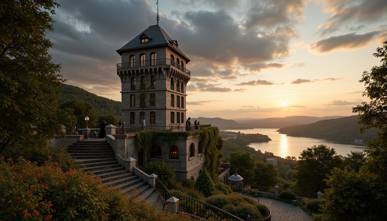 Prompt: Majestic watchtower, intricately carved stone walls, delicate Gothic arches, romantic ivy coverage, misty foggy atmosphere, golden sunset light, dramatic cloud formations, rolling hills, serene lake reflections, lush green forests, vibrant wildflowers, winding stone staircases, ornate iron railings, mysterious lanterns, soft warm candlelight, 1/1 composition, shallow depth of field, cinematic framing, atmospheric volumetric lighting.