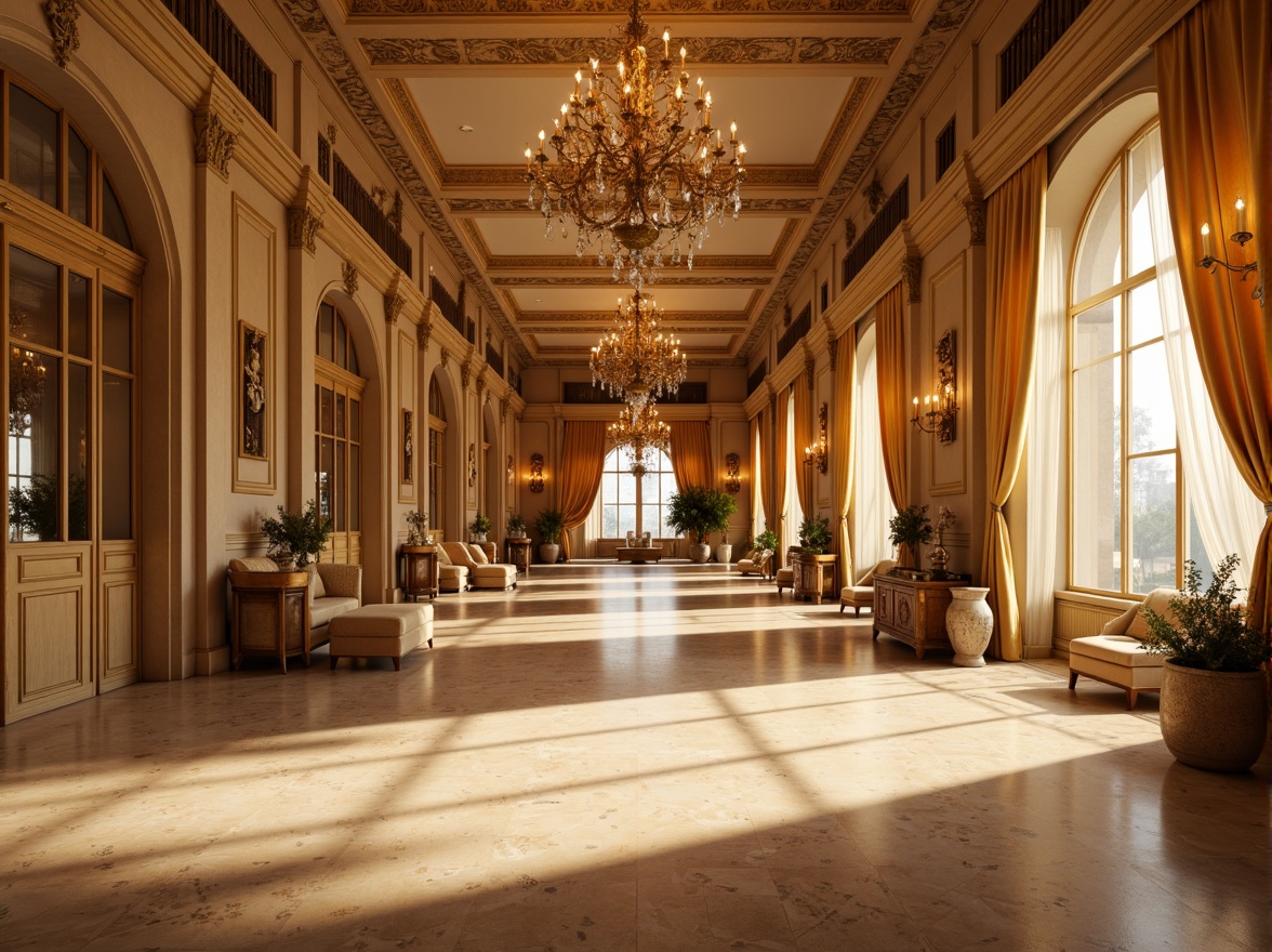 Prompt: Ornate chandeliers, warm golden lighting, soft shadows, grand ballrooms, high ceilings, marble floors, intricate moldings, ornamental furnishings, luxurious fabrics, velvet drapes, crystal sconces, subtle color palette, warm beige tones, soft cream hues, elegant candelabras, refined metalwork, symmetrical compositions, 1/1 aspect ratio, shallow depth of field, realistic textures, ambient occlusion.