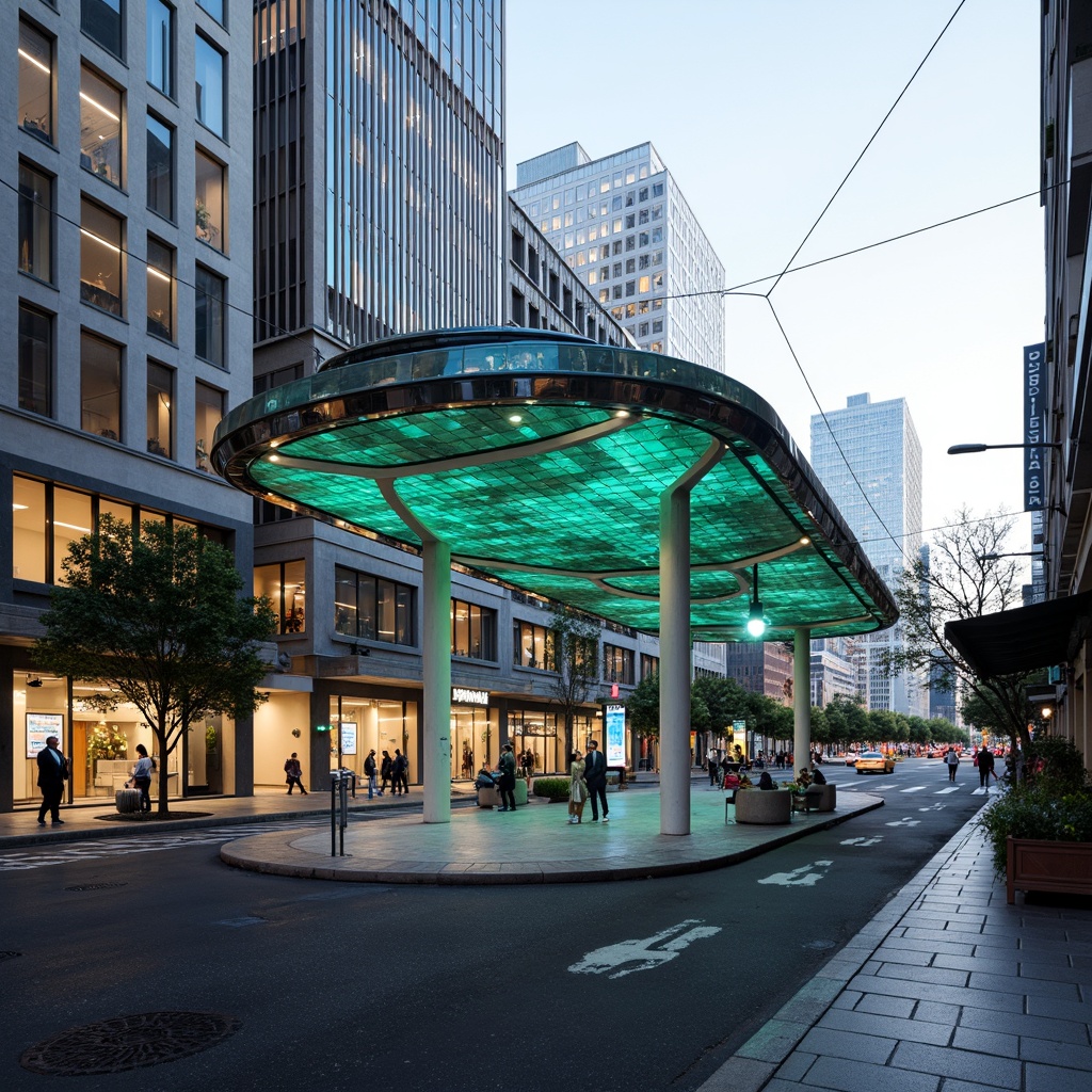 Prompt: Futuristic tram station, curved glass facade, dynamic LED lighting, sleek metal frames, modern angular architecture, urban cityscape, busy streets, morning commute, soft natural light, shallow depth of field, 1/1 composition, realistic reflections, ambient occlusion, green roofs, eco-friendly materials, innovative cooling systems, shaded outdoor spaces, misting systems, abstract geometric patterns, vibrant colorful accents.