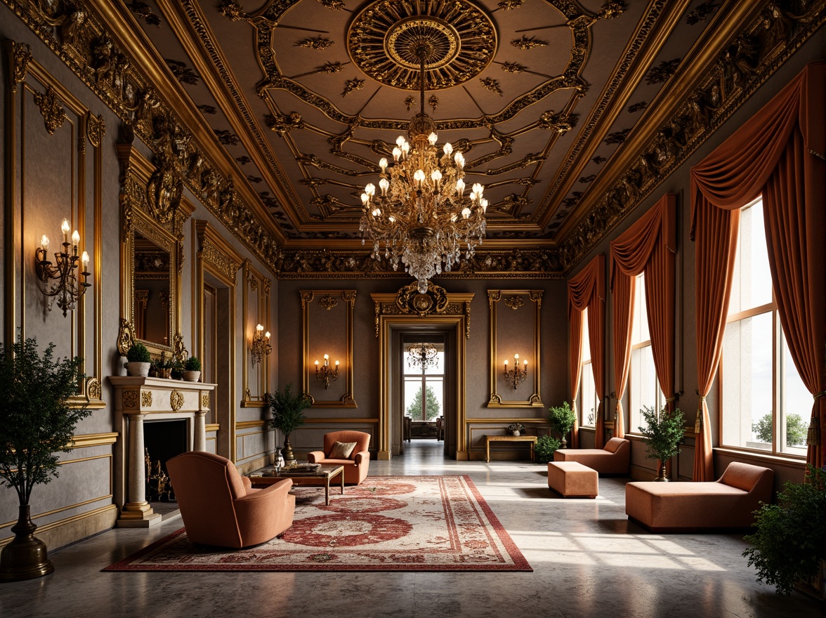 Prompt: Ornate Baroque palace, intricately carved stone walls, gilded accents, luxurious velvet drapes, ornamental metalwork, polished marble floors, grandiose chandeliers, lavish furnishings, richly patterned rugs, intricate wooden paneling, dramatic lighting effects, warm golden tones, highly detailed textures, shallow depth of field, 1/1 composition, realistic ambient occlusion.