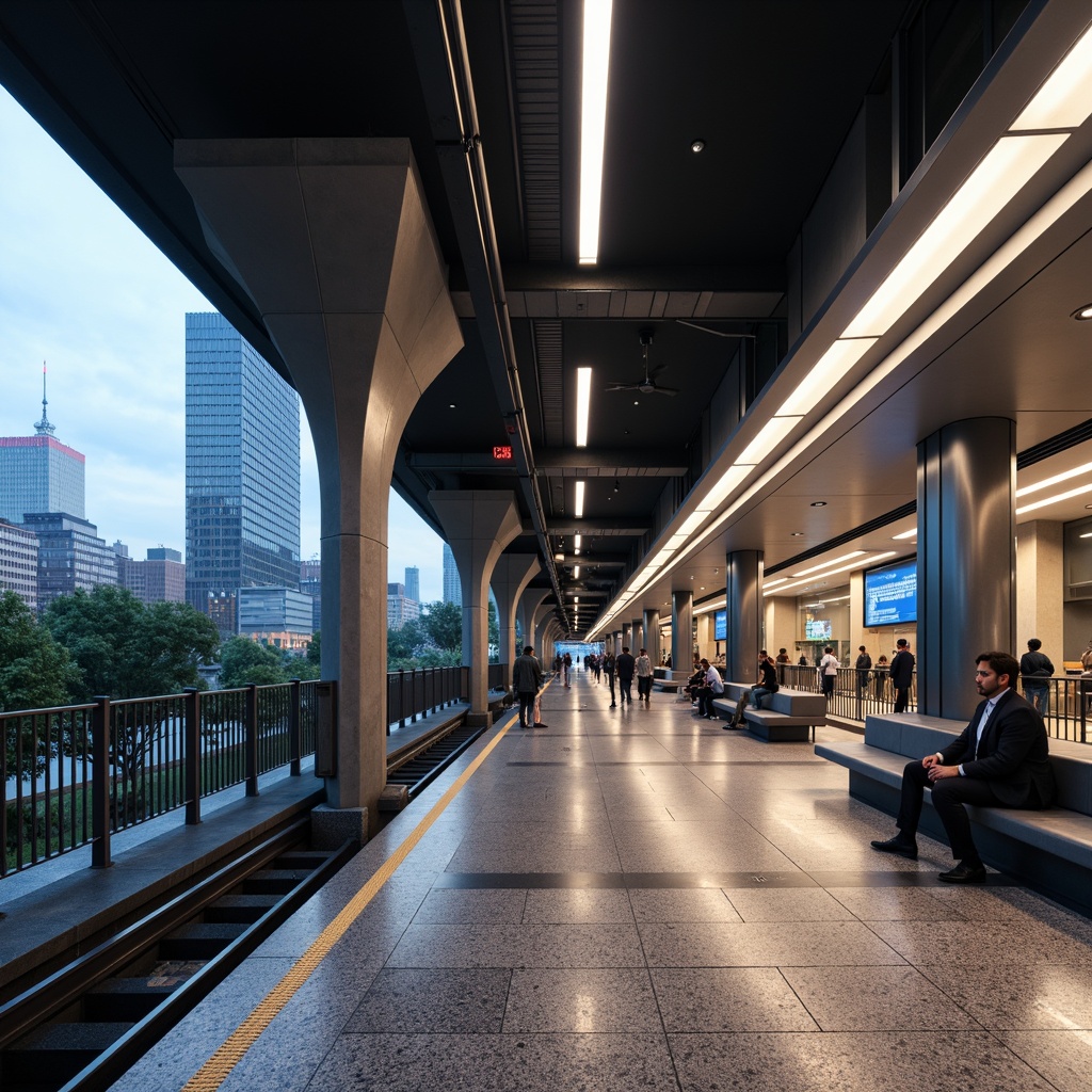 Prompt: Modern metro station, sleek lines, futuristic architecture, stainless steel columns, polished granite floors, acoustic panels, energy-efficient LED lighting, minimalist benches, urban landscape, city skyline views, rush hour crowds, natural stone walls, industrial chic aesthetics, exposed ductwork, elevated platforms, safety handrails, vibrant signage, dynamic digital displays, 1/2 composition, dramatic low-angle shots, moody atmospheric lighting, realistic reflections.