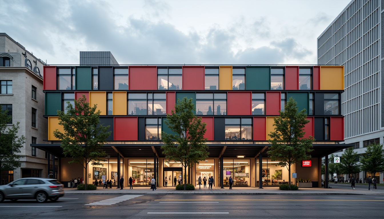 Prompt: Geometric train station facade, rectangular forms, primary colors, functional typography, industrial materials, steel beams, concrete walls, large windows, minimalist ornamentation, rational composition, asymmetrical balance, urban landscape, busy streets, modern cityscape, cloudy day, dramatic lighting, high contrast ratio, 3/4 composition, symmetrical axis, bold graphic elements, sans-serif fonts.