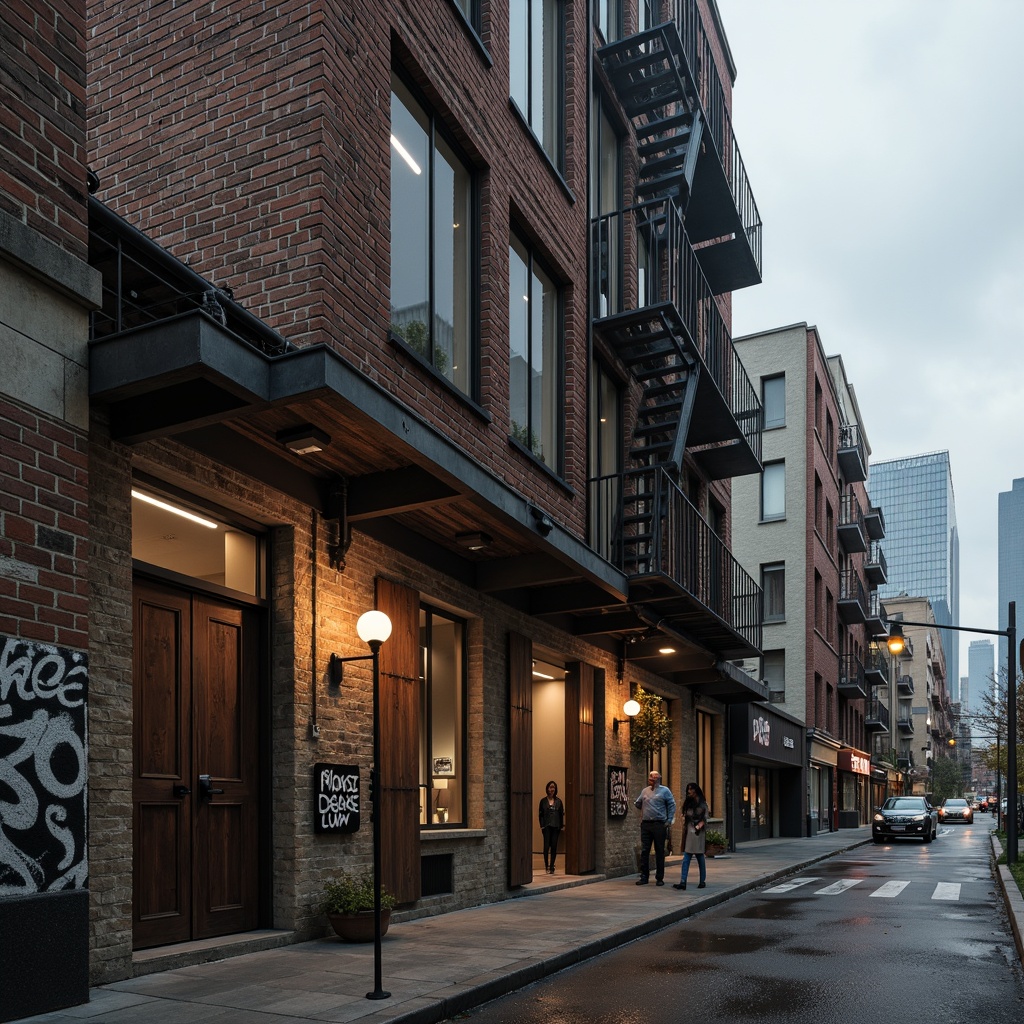 Prompt: Rustic industrial building, exposed brick walls, metal beams, reclaimed wood accents, distressed concrete floors, vintage factory windows, modern minimalist design, urban cityscape, busy streets, graffiti murals, steel staircases, industrial piping, Edison bulb lighting, rough-textured stone fa\u00e7ade, brutalist architecture, functional minimalism, monochromatic color scheme, low-angle shot, high contrast ratio, cinematic composition, atmospheric fog effect.