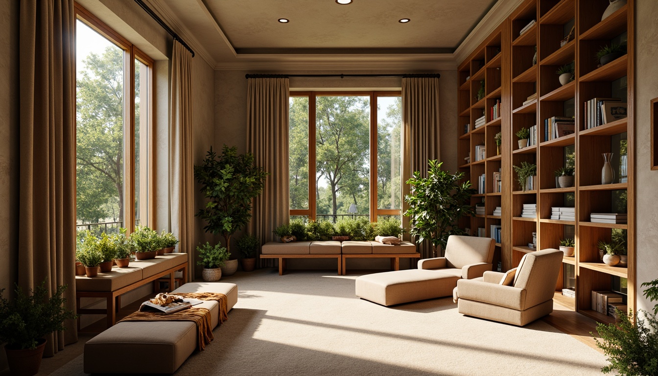 Prompt: Cozy reading nook, warm wooden shelves, soft beige carpets, floor-to-ceiling windows, natural light pouring in, minimal artificial lighting, comfortable seating areas, quiet atmosphere, classical architectural style, stone exterior walls, lush greenery outside, peaceful ambiance, morning sunlight, gentle shadows, 1/2 composition, shallow depth of field, realistic textures, ambient occlusion.