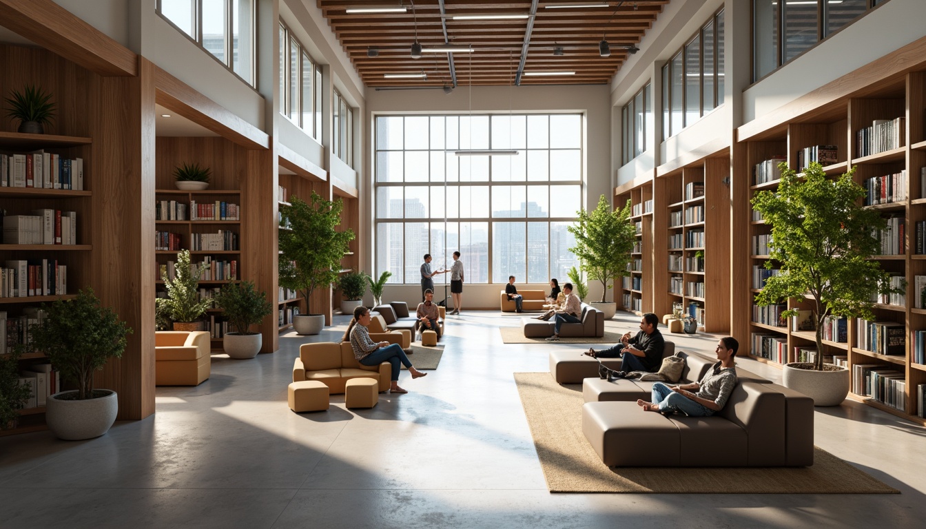 Prompt: Modern library interior, open floor plan, minimalist decor, comfortable reading nooks, sleek wooden shelves, vast book collections, quiet study areas, ergonomic seating, natural light pouring in, large windows, green plants, calm ambiance, subtle color scheme, warm lighting, shallow depth of field, 3/4 composition, realistic textures, ambient occlusion.