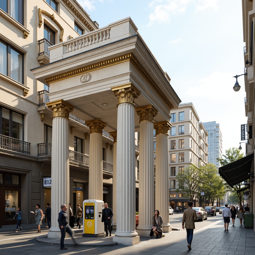 Prompt: Elegant neoclassical charging station, ornate details, symmetrical facades, ivory white columns, golden accents, rich marble textures, soft cream hues, warm beige tones, subtle bronze highlights, refined metalwork, intricate moldings, ornamental patterns, grandiose architecture, imposing scale, urban cityscape, busy street scene, daytime lighting, shallow depth of field, 1/1 composition, realistic materials, ambient occlusion.