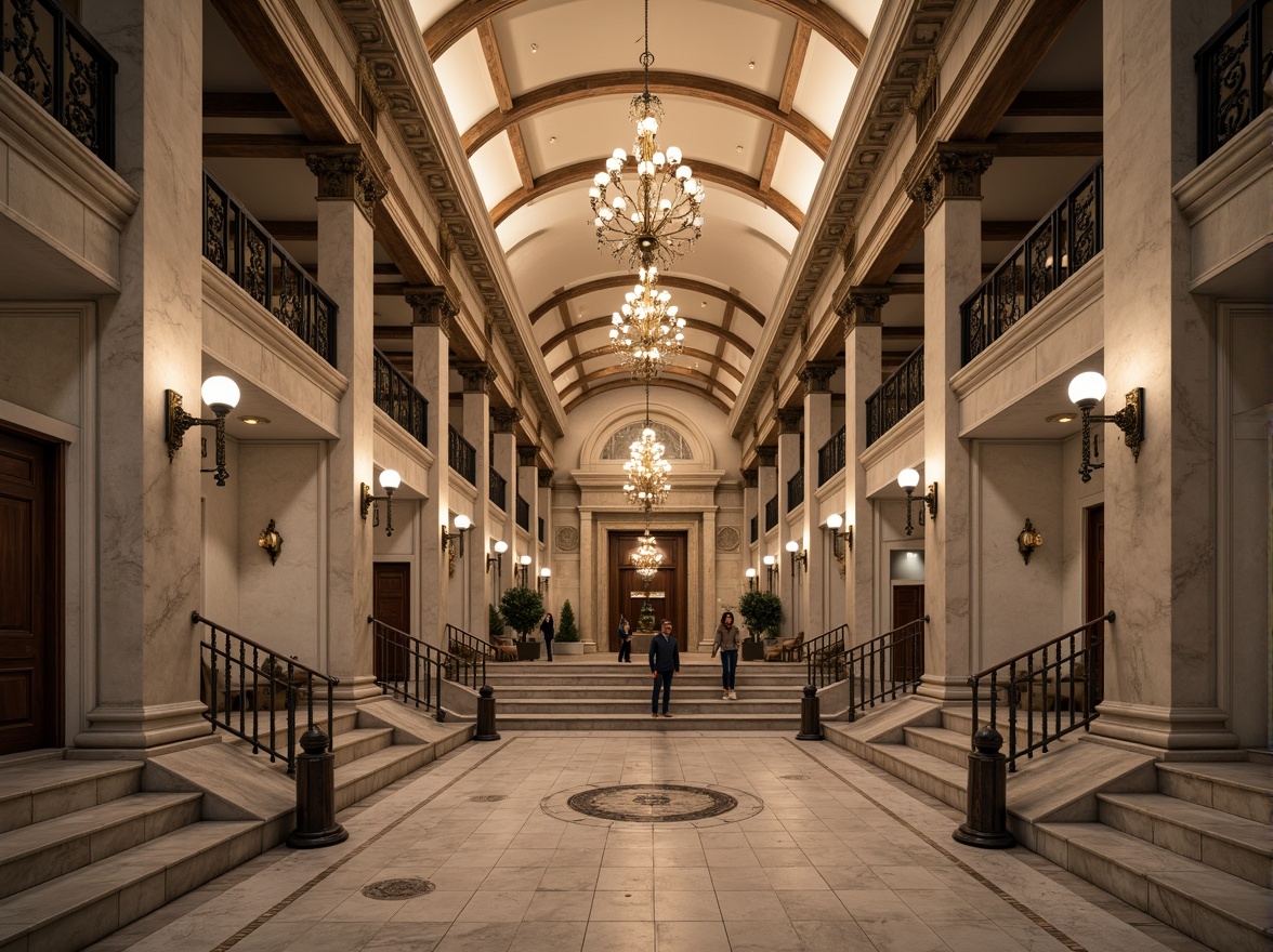 Prompt: Grand courthouse building, neoclassical architecture, majestic columns, ornate facades, symmetrical design, rusticated base, pedimented entrance, imposing stone stairs, bronze door handles, intricate moldings, dignified atmosphere, natural stone flooring, marble walls, high ceilings, grand chandeliers, soft warm lighting, shallow depth of field, 3/4 composition, realistic textures, ambient occlusion.