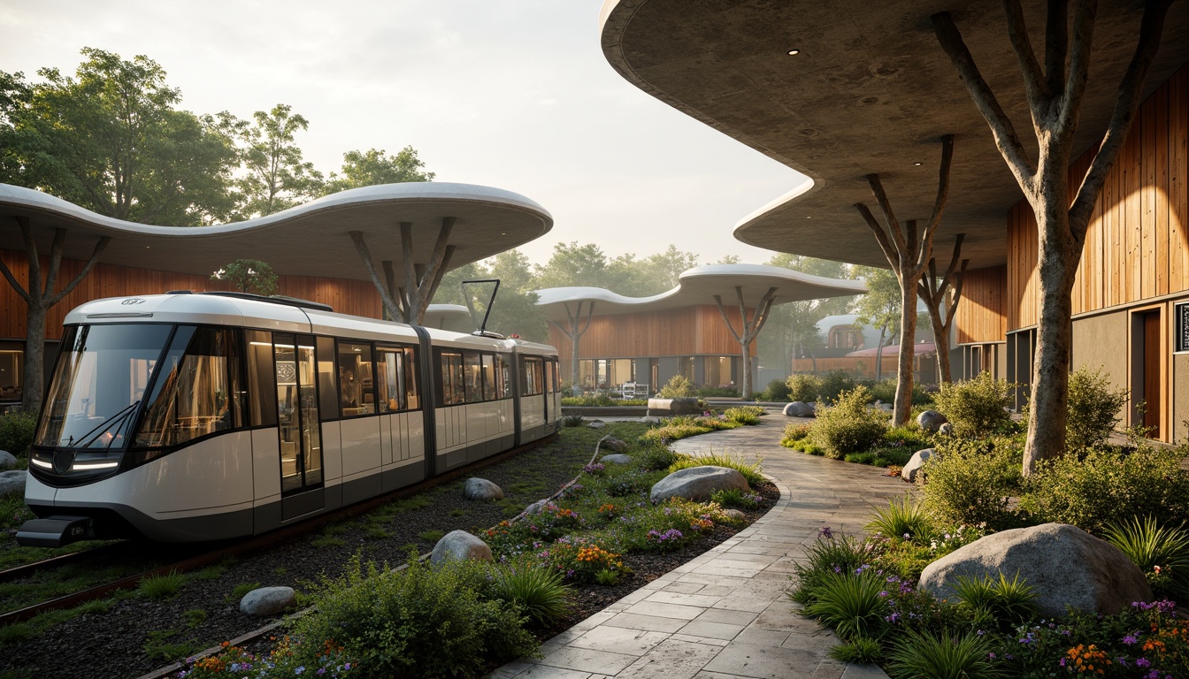 Prompt: Curvaceous tram station, undulating roofs, amoeba-inspired columns, iridescent glass fa\u00e7ade, soft luminescent lighting, futuristic architecture, flowing organic forms, sleek metallic accents, moss-covered walls, vibrant greenery, natural stone flooring, winding staircases, fluidic shapes, 3D-printed structures, parametric design, ambient occlusion, shallow depth of field, warm golden hour, soft focus, atmospheric mist.