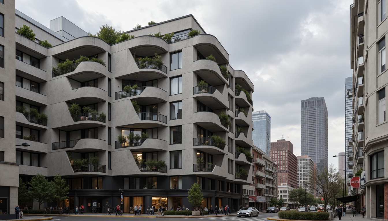 Prompt: Brutalist concrete facade, rugged textures, angular geometries, cantilevered balconies, floor-to-ceiling windows, industrial materials, exposed ductwork, minimalist ornamentation, functional simplicity, urban cityscape, grey cloudy sky, dramatic shadows, high-contrast lighting, 1/1 composition, symmetrical framing, detailed renderings, ambient occlusion.