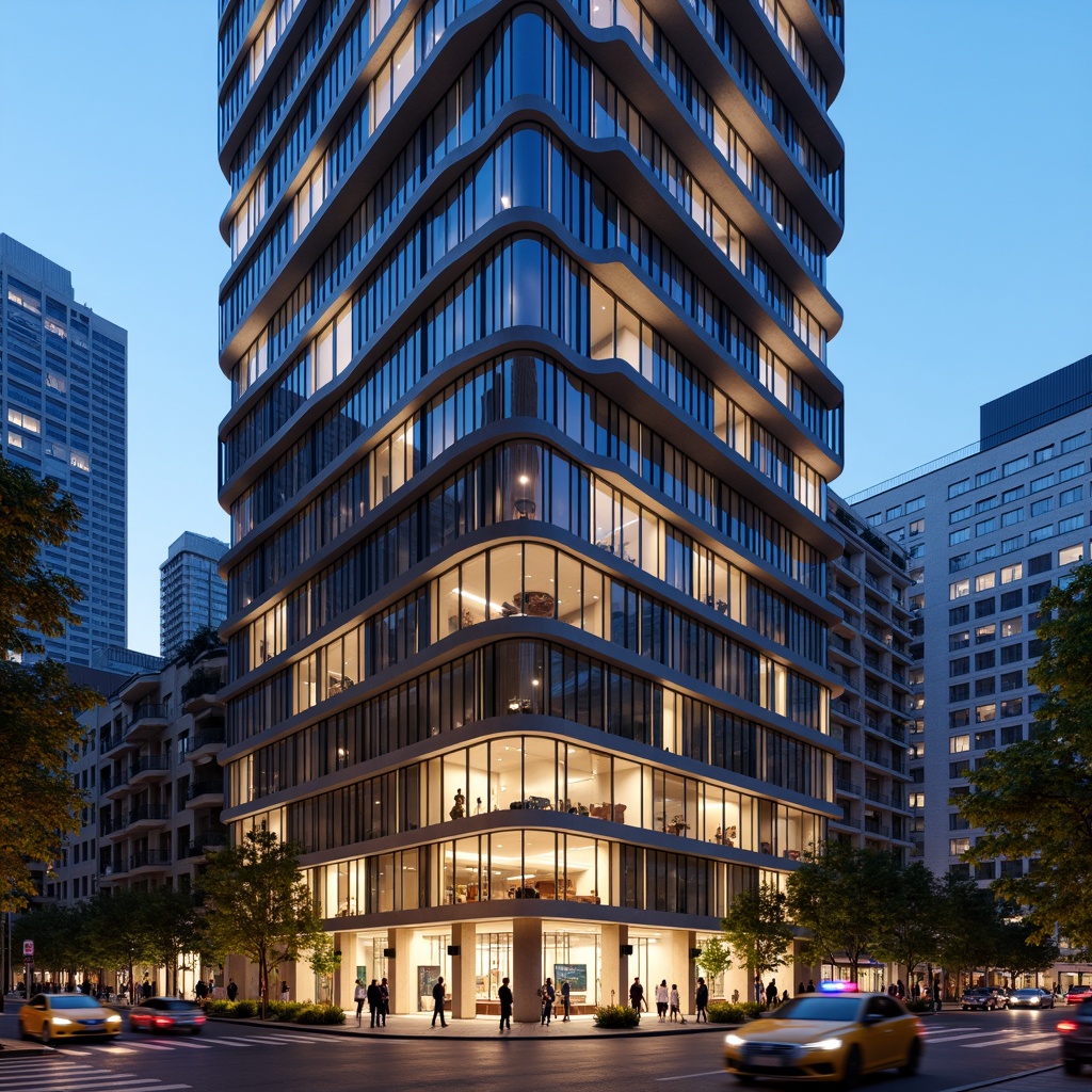 Prompt: Contemporary hotel facade, sleek glass curtain walls, minimalist rectangular forms, neutral color palette, cantilevered balconies, modern LED lighting, urban cityscape backdrop, busy streets, taxis, pedestrians, vibrant nightlife, warm evening ambiance, softbox lighting, shallow depth of field, 2/3 composition, panoramic view, realistic reflections, ambient occlusion.