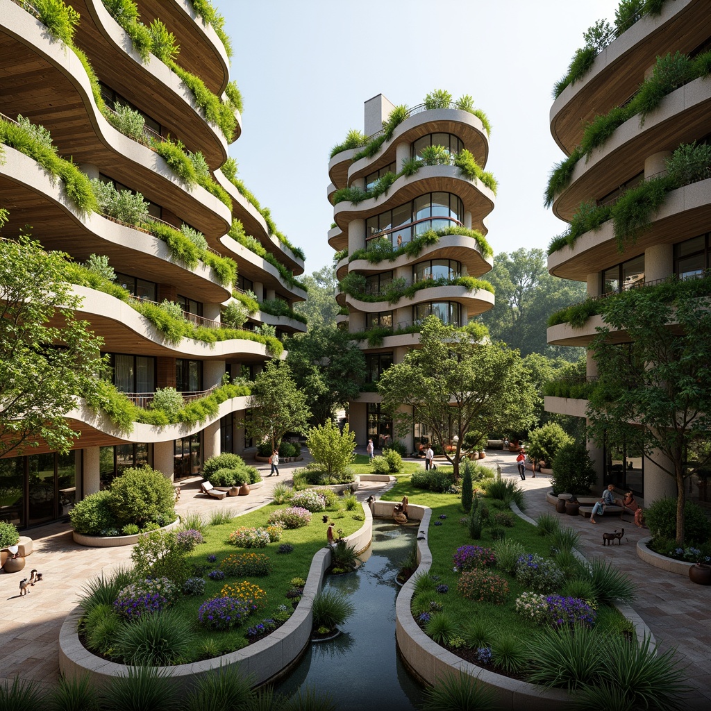 Prompt: Vibrant green roofs, lush vertical gardens, winding water features, organic curves, natural stone walls, wooden accents, earthy color palette, bio-inspired fa\u00e7ades, cantilevered structures, curved lines, minimalist details, eco-friendly materials, solar panels, rainwater harvesting systems, living walls, urban agriculture integration, misting systems, shaded outdoor spaces, warm soft lighting, shallow depth of field, 3/4 composition, panoramic view, realistic textures, ambient occlusion.