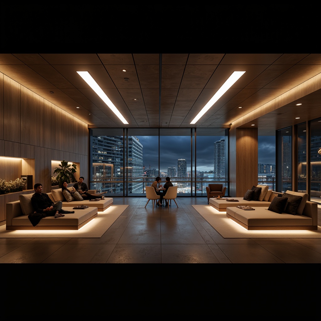 Prompt: Futuristic interior space, sleek metal fixtures, minimalist design, LED light strips, ambient indirect lighting, warm cozy atmosphere, high ceilings, modern architecture, floor-to-ceiling windows, urban cityscape view, nighttime scene, soft warm glow, shallow depth of field, 1/1 composition, realistic textures, subtle color grading, atmospheric mist, creative lighting patterns, dynamic color-changing effects, innovative optical fibers, energy-efficient systems, sustainable design principles.