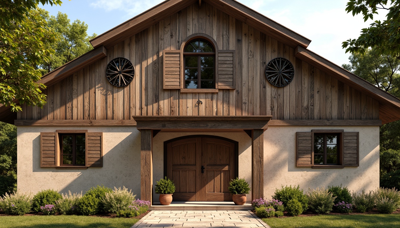 Prompt: Rustic barn, neoclassical facade, distressed wood textures, ornate metal decorations, vintage windows, rustic stone walls, natural earthy tones, warm golden lighting, shallow depth of field, 1/1 composition, symmetrical arrangement, classical proportions, grand entrance, arched doors, decorative cornices, intricate stonework, lush greenery, blooming wildflowers, sunny day, soft warm atmosphere, realistic weathering effects.