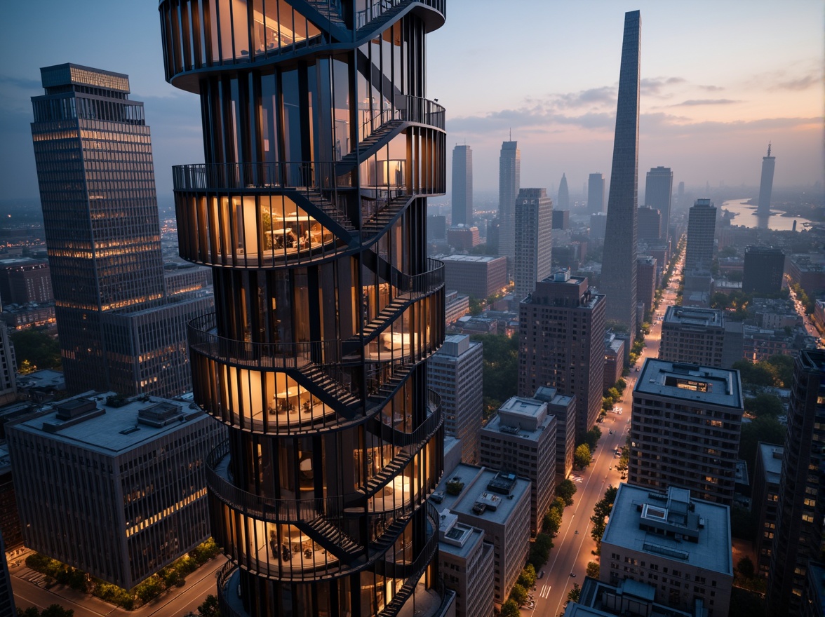 Prompt: Twisting spiral staircase, futuristic observation deck, sleek metallic exterior, angular glass facade, neon-lit night view, towering high-rise structure, panoramic cityscape, misty foggy morning, warm golden lighting, shallow depth of field, 1/1 composition, symmetrical architecture, minimalist detailing, industrial materials, raw concrete texture, urban landscape, bustling street activity, vibrant colorful accents, intricate latticework patterns.