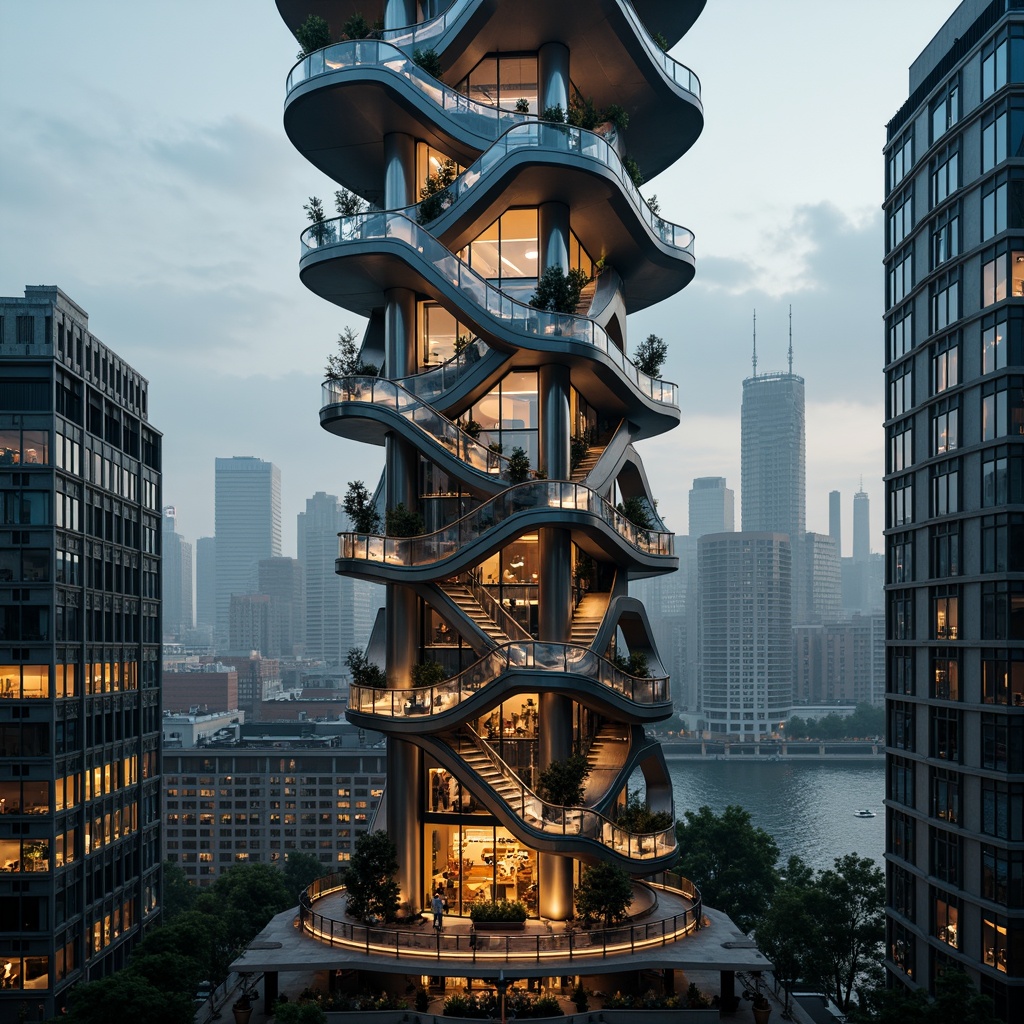 Prompt: Twisting spiral tower, futuristic architecture, sleek metallic surfaces, glowing neon lights, circular observation decks, panoramic city views, urban skyscraper background, misty atmospheric effects, warm golden lighting, shallow depth of field, 1/2 composition, dramatic shadows, reflective glass fa\u00e7ades, geometric patterned railings, modern minimalistic design, industrial materials, elevated walkways, futuristic elevator systems, 360-degree viewing platforms, ambient occlusion.