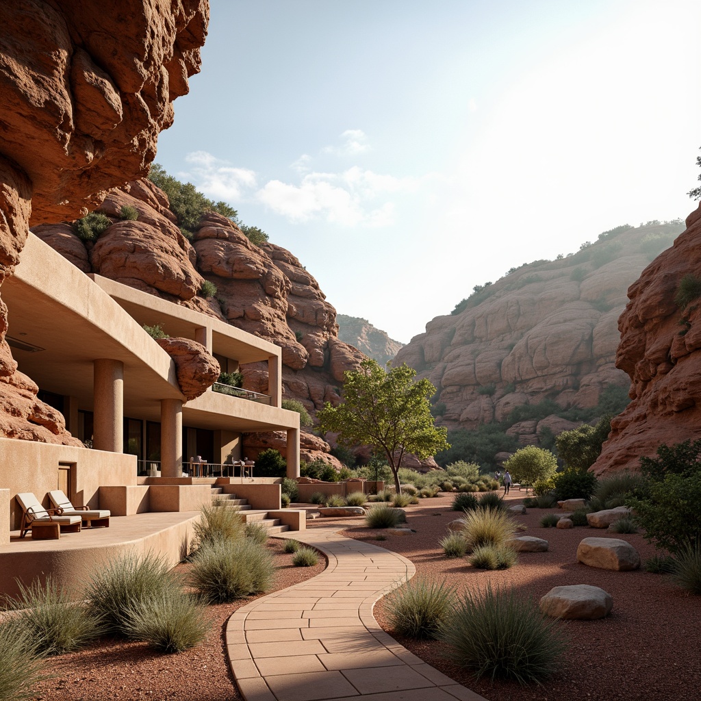 Prompt: Canyon landscape, rugged terrain, vast open space, natural stone formations, desert vegetation, warm sunny day, soft diffused lighting, gentle shadows, organic architectural design, curved lines, earthy tones, wooden accents, adobe-inspired structures, cantilevered roofs, overhanging eaves, clerestory windows, skylights, solar tubes, LED lighting systems, energy-efficient solutions, sustainable building materials, recycled glass, low-carbon footprint, harmonious color palette, subtle texture variations, 1/2 composition, atmospheric perspective, realistic rock textures, ambient occlusion.