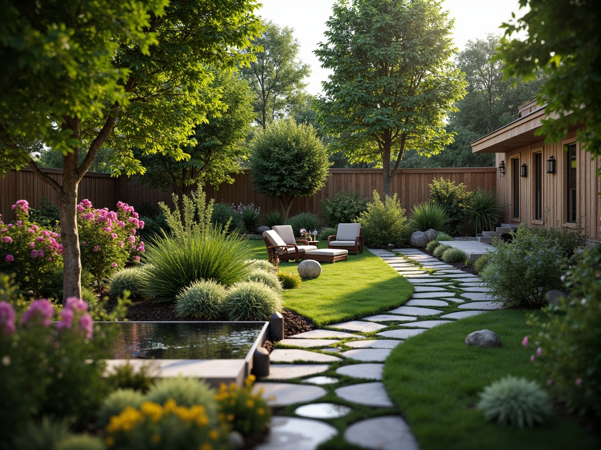 Prompt: Serene backyard, lush greenery, vibrant flowers, tranquil water features, decorative stone pathways, natural wood accents, outdoor seating areas, lantern-style lighting, blooming shrubs, colorful garden beds, rustic wooden fences, soft warm ambiance, shallow depth of field, 3/4 composition, panoramic view, realistic textures, ambient occlusion.