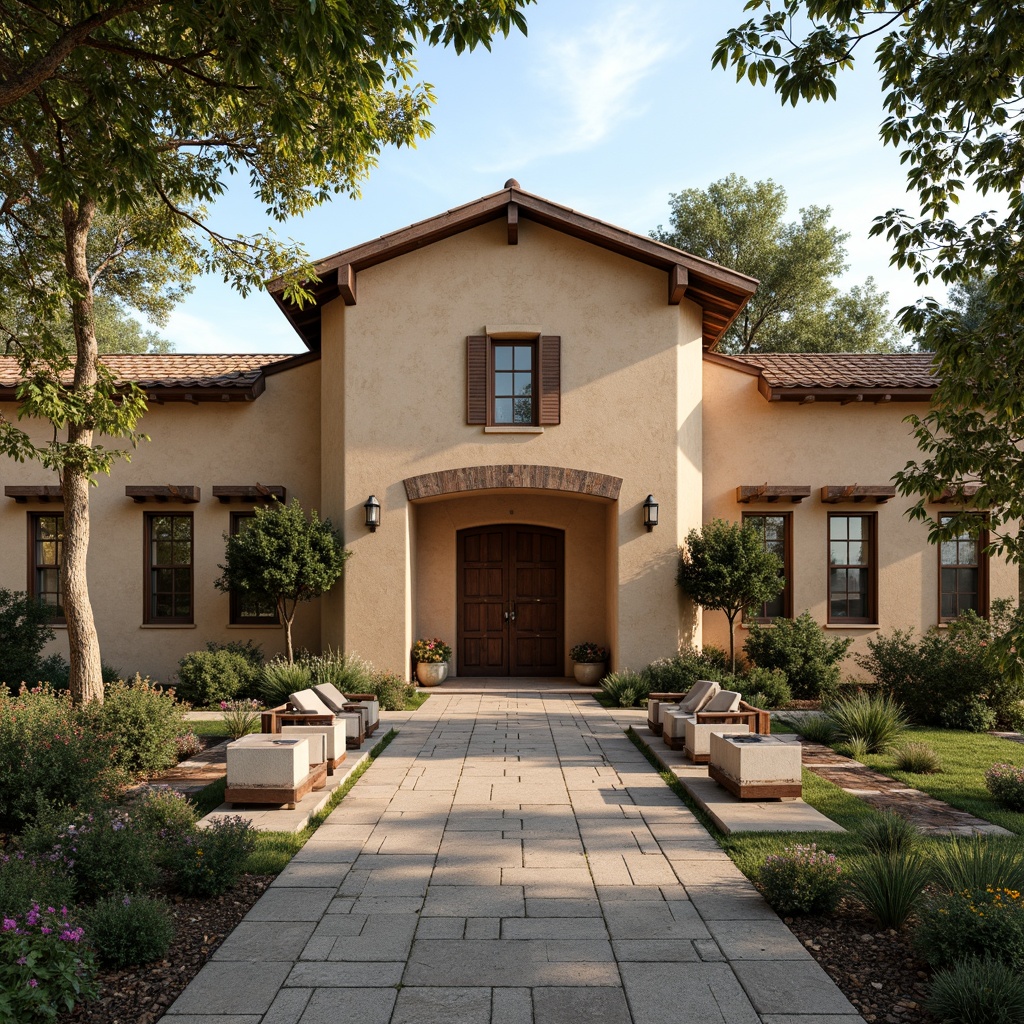 Prompt: Rustic gymnasium facade, regionalism-inspired architecture, earthy color palette, natural stone cladding, wooden accents, curved lines, ornate detailing, Mediterranean-style roof tiles, lush greenery, blooming flowers, shaded outdoor spaces, warm afternoon lighting, soft focus, 1/1 composition, realistic textures, ambient occlusion.