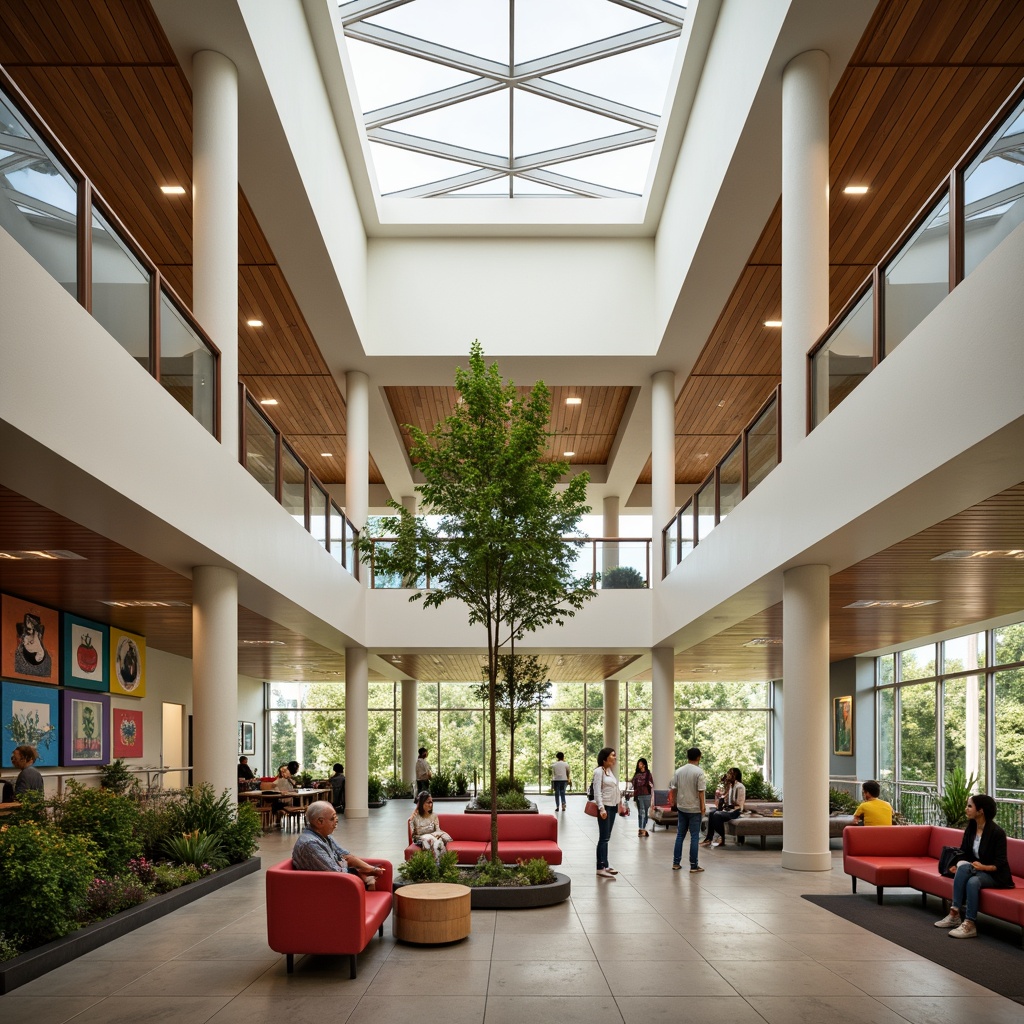 Prompt: Vibrant community center, open floor plan, high ceilings, clerestory windows, natural light pouring in, warm wood accents, comfortable seating areas, colorful artwork displays, modern minimalist furniture, spacious atrium, lush greenery, skylights, solar tubes, energy-efficient systems, eco-friendly materials, sustainable design elements, soft diffused lighting, shallow depth of field, 1/1 composition, realistic textures, ambient occlusion.