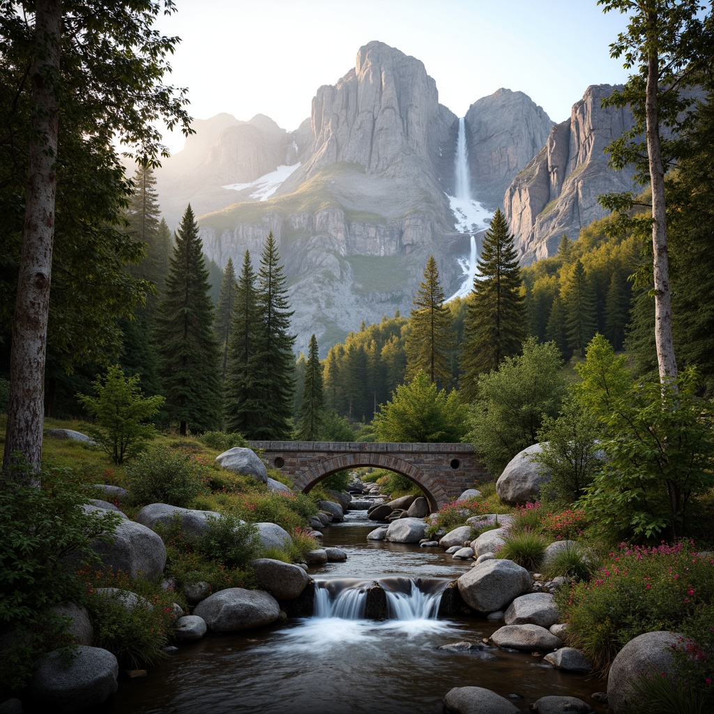 Prompt: Majestic mountain peaks, rugged rocky terrain, serene misty atmosphere, lush green forests, towering trees, gentle waterfalls, meandering streams, weathered stone walls, rustic wooden bridges, vibrant wildflowers, earthy brown soil, moss-covered boulders, soft foggy lighting, warm golden hour, 1/1 composition, atmospheric perspective, cinematic depth of field, realistic rock textures, detailed foliage, subtle mist effects.