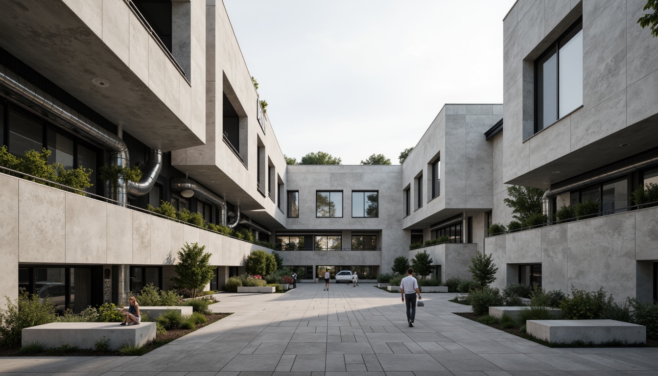 Prompt: Brutalist university campus, angular concrete buildings, exposed ductwork, industrial pipes, functionalist design, minimalist ornamentation, bold geometric forms, cantilevered roofs, abstract sculptures, modernist typography, educational murals, brutal stone walls, raw concrete textures, dramatic shading, high-contrast lighting, 1/1 composition, symmetrical framing, realistic rendering, ambient occlusion.