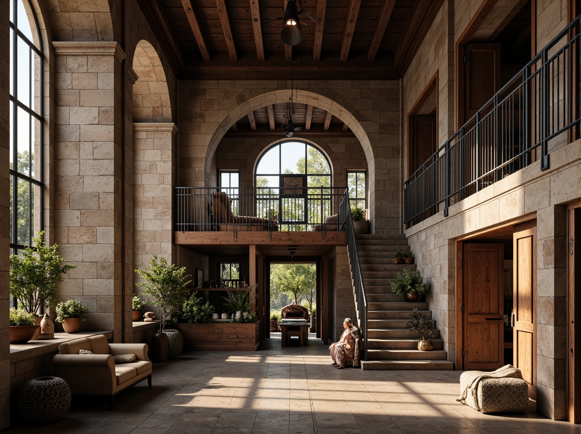 Prompt: Rustic stone walls, arched windows, ornate carvings, distressed wooden accents, vintage metal railings, grand entranceways, high ceilings, open floor plans, industrial pipes, exposed brickwork, earthy color palette, warm soft lighting, shallow depth of field, 2/3 composition, dramatic shadows, realistic textures, ambient occlusion.