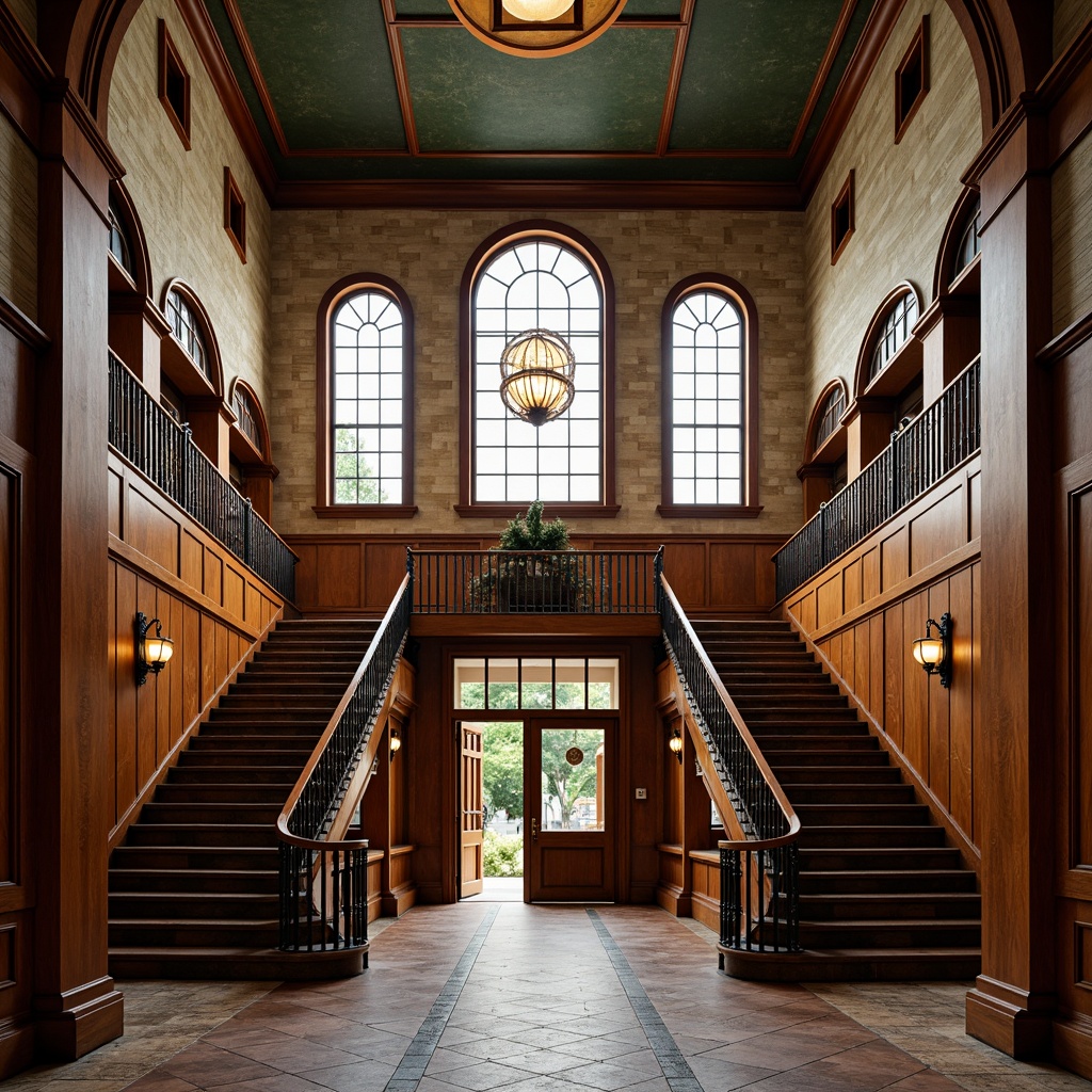 Prompt: Historic courthouse, grand staircase, ornate railings, polished marble floors, rich wood paneling, stately columns, vaulted ceilings, intricate moldings, rustic stone walls, majestic clock towers, copper roofing, stained glass windows, classic Revival style, warm earthy tones, soft natural lighting, shallow depth of field, 1/2 composition, symmetrical framing, realistic textures.