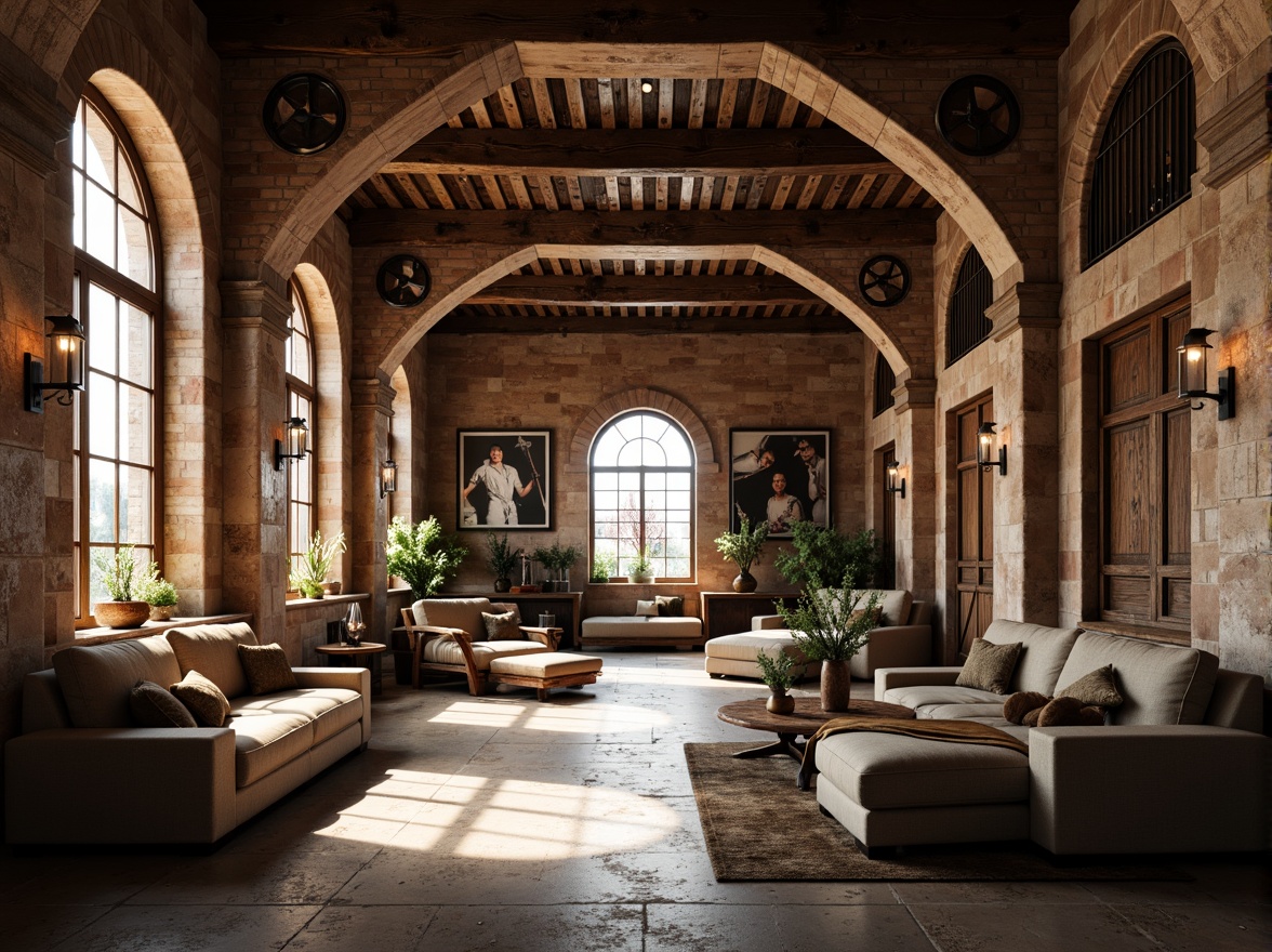 Prompt: Rustic loft interior, Romanesque arches, exposed brick walls, wooden beam ceilings, ornate stone carvings, grandiose columns, intricate ironwork, warm earthy tones, rich textures, vintage industrial decor, reclaimed wood accents, distressed metal finishes, soft natural light, dramatic shadows, 1/2 composition, atmospheric perspective, realistic material renders, cinematic mood lighting.