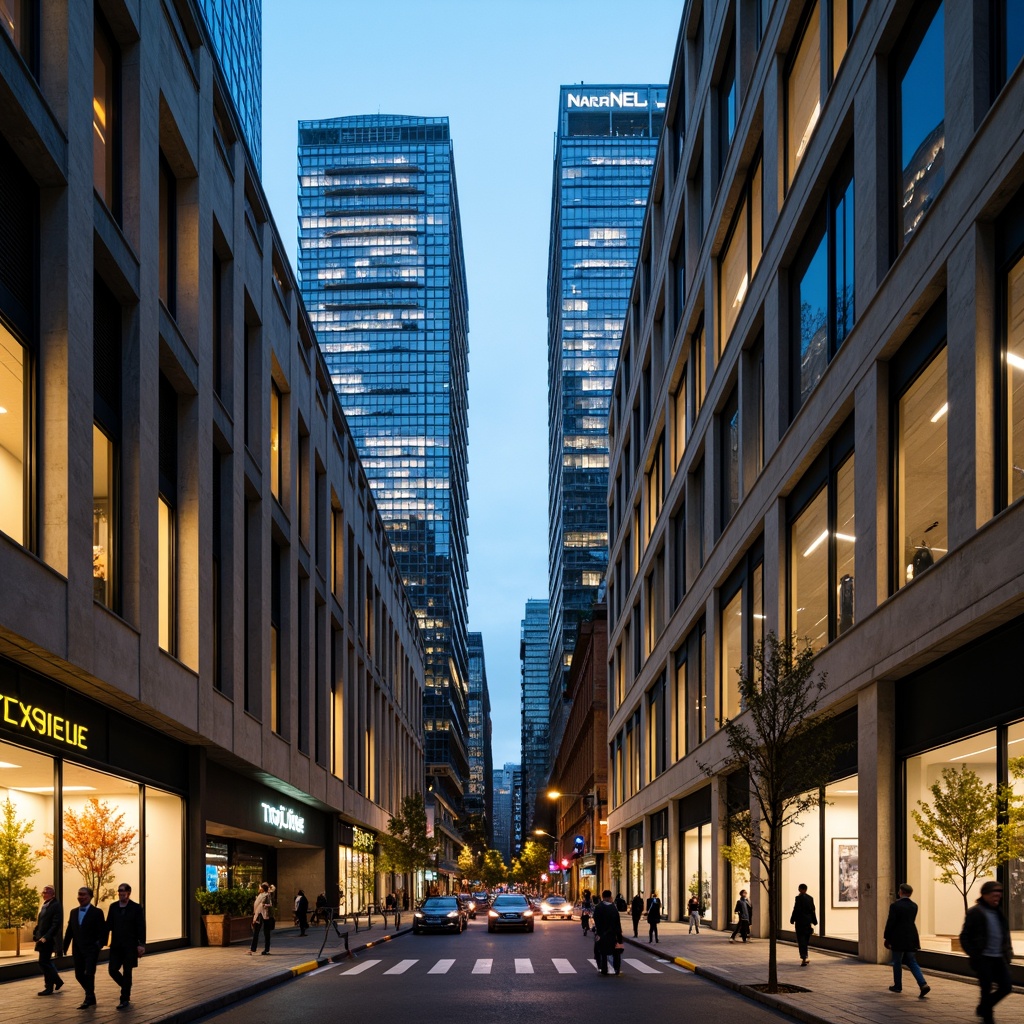 Prompt: Modern urban architecture, sleek skyscrapers, concrete facades, steel beams, glass windows, neutral tone color scheme, industrial chic aesthetic, exposed ductwork, metallic accents, bold typography, vibrant street art, dynamic cityscape, dramatic nighttime lighting, high-contrast shadows, cinematic atmosphere, symmetrical composition, deep blues and greys, pops of bright yellow, warm beige tones, rich wood textures.