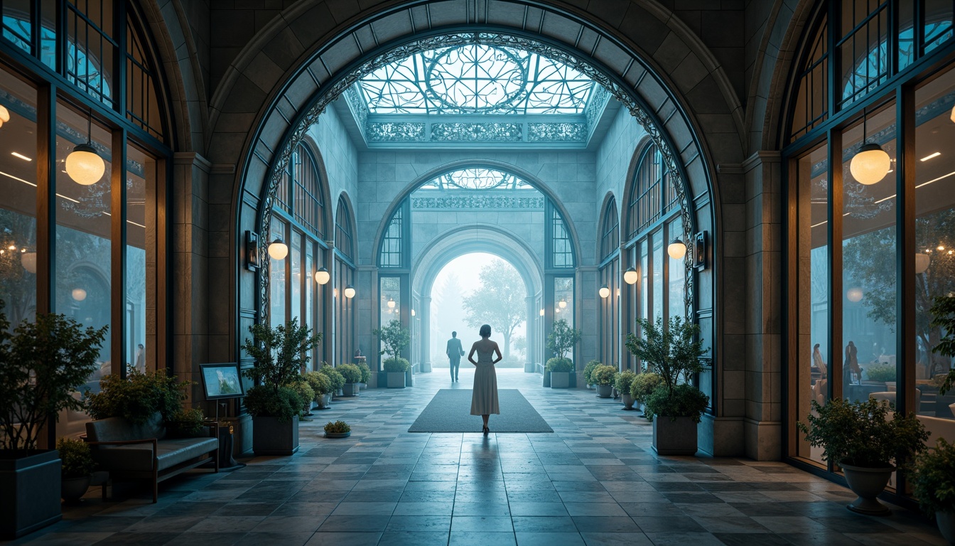 Prompt: Ethereal entrance, iridescent gates, shimmering metal surfaces, luminous archways, transparent glass walls, delicate filigree details, soft diffused lighting, misty atmosphere, morning dew, gentle breeze, subtle shadows, 1/1 composition, shallow depth of field, dreamy ambiance, whimsical textures, ambient occlusion.