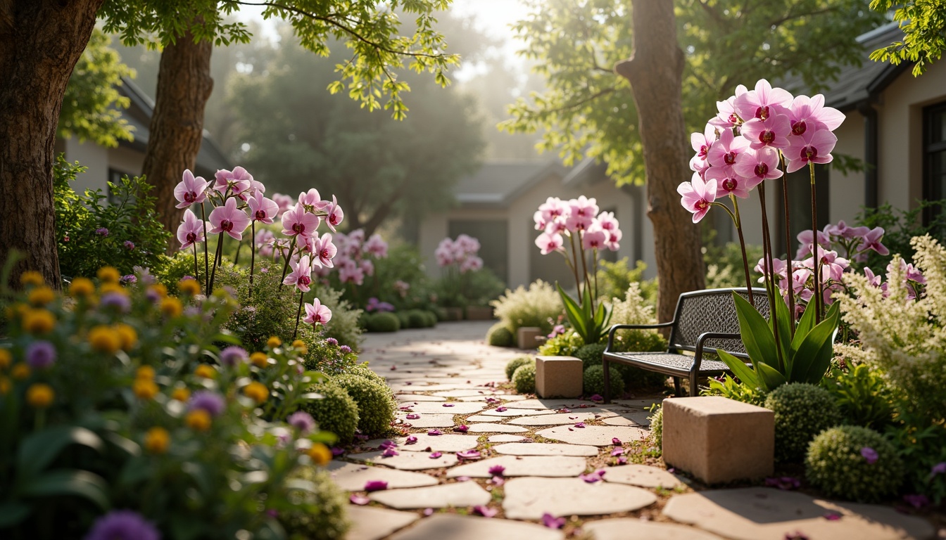 Prompt: Whimsical botanical garden, exotic orchids, delicate petals, soft pastel hues, warm beige tones, muted greens, earthy terracotta, natural stone pathways, ornate metal benches, lush foliage, vibrant purple accents, gentle misting, warm sunny day, shallow depth of field, 1/2 composition, realistic textures, ambient occlusion.