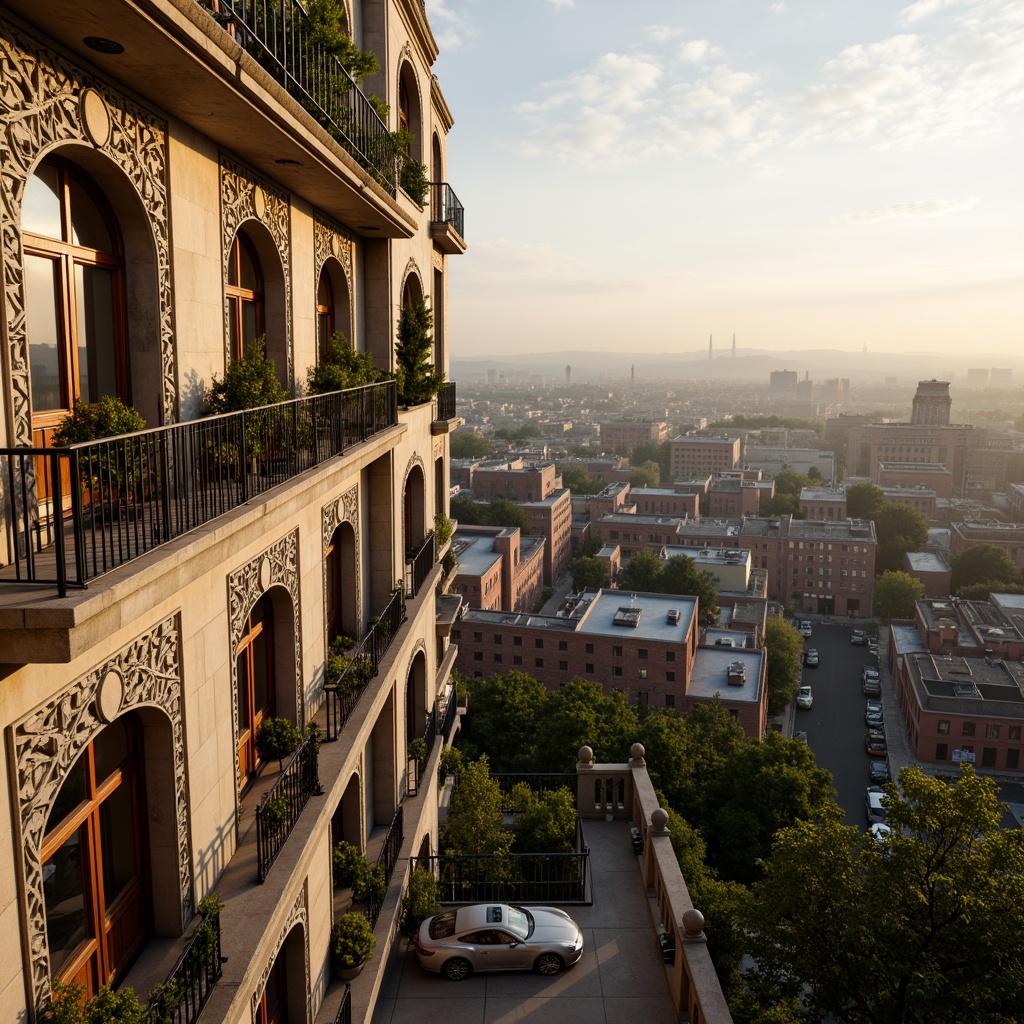 Prompt: Luxurious penthouse, Romanesque fa\u00e7ade, ornate stone carvings, grand archways, intricately patterned windows, Juliet balconies, rustic wooden doors, elegant metal railings, lush greenery, flowering vines, majestic cityscape views, warm golden lighting, soft focus blur, shallow depth of field, 1/2 composition, cinematic aspect ratio, high-contrast textures, ambient occlusion.