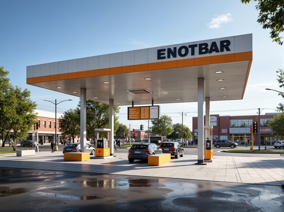 Prompt: Functional gas station, minimalist architecture, clean lines, industrial materials, steel beams, concrete floors, large windows, natural light, open spaces, geometric shapes, primary color accents, bold typography, modern signage, efficient fueling systems, sleek pumps, stainless steel canopies, urban landscape, busy streets, morning sunlight, shallow depth of field, 3/4 composition, realistic textures, ambient occlusion.