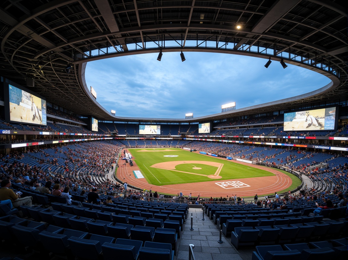 Prompt: Stadium seating, tiered rows, vibrant audience, sports field, athletic tracks, scoreboard displays, giant video screens, floodlighting, evening atmosphere, dramatic shadows, shallow depth of field, 2/3 composition, panoramic view, realistic textures, ambient occlusion, modern architecture, sleek lines, minimalist design, functional amenities, concession stands, restrooms, VIP lounges, accessible ramps.