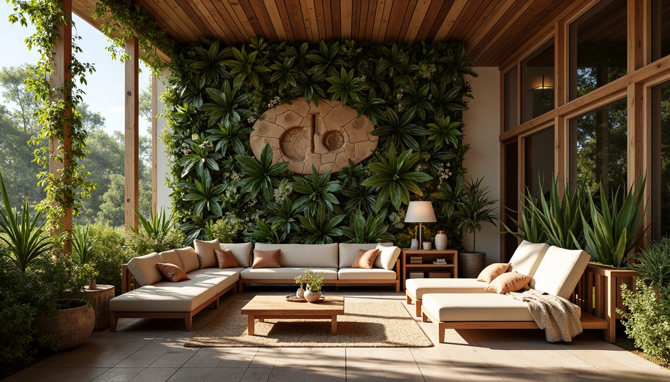 Prompt: Organic shapes, earthy tones, woven fibers, botanical patterns, natural materials, reclaimed wood accents, living green walls, lush foliage, serene ambiance, warm sunlight, soft shadows, 1/1 composition, intimate atmosphere, cozy nooks, plush textiles, nature-inspired sculptures, wooden furniture, stone flooring, organic forms, effortless elegance.