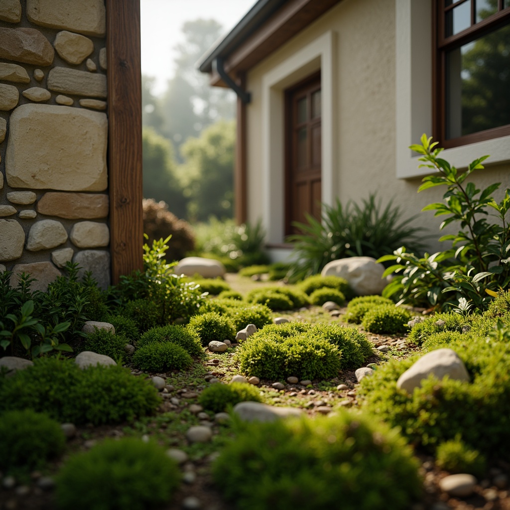 Prompt: Mossy forest floor, soft green foliage, earthy tones, natural stone walls, wooden accents, creamy whites, warm beige textures, organic shapes, rustic metal details, cozy cabin atmosphere, misty morning light, shallow depth of field, 2/3 composition, realistic moss growth, ambient occlusion.