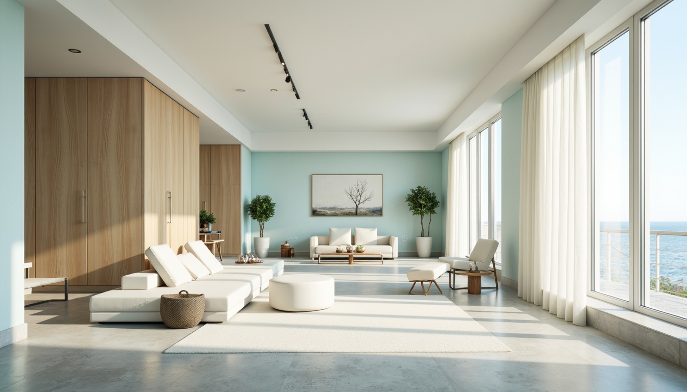 Prompt: Calm atmosphere, soft light blue hues, gentle curves, minimal ornamentation, sleek modern furniture, creamy white accents, natural wood textures, airy open spaces, floor-to-ceiling windows, abundant sunlight, warm beige tones, subtle gradient effects, 1/1 composition, shallow depth of field, realistic renderings, ambient occlusion.