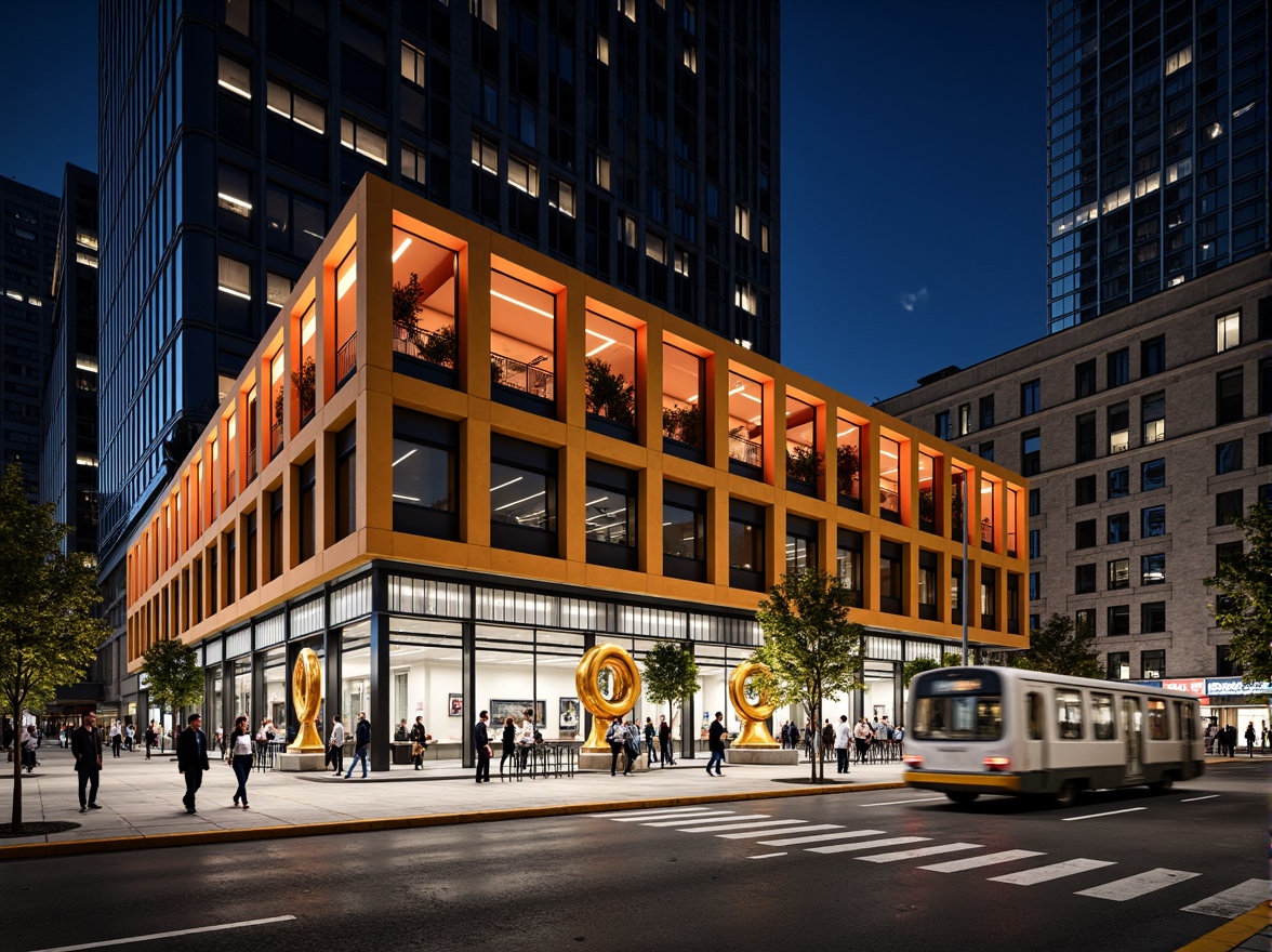 Prompt: Geometric train station facade, primary-colored steel frames, rectangular windows, functionalist architecture, clean lines, minimal ornamentation, industrial materials, exposed ductwork, urban cityscape, busy streets, modern transportation hub, abstract sculptures, bold typography, functional signage, LED lighting systems, nighttime illumination, low-angle photography, dramatic shadows, 1/1 composition, high-contrast colors, brutalist textures, ambient occlusion.