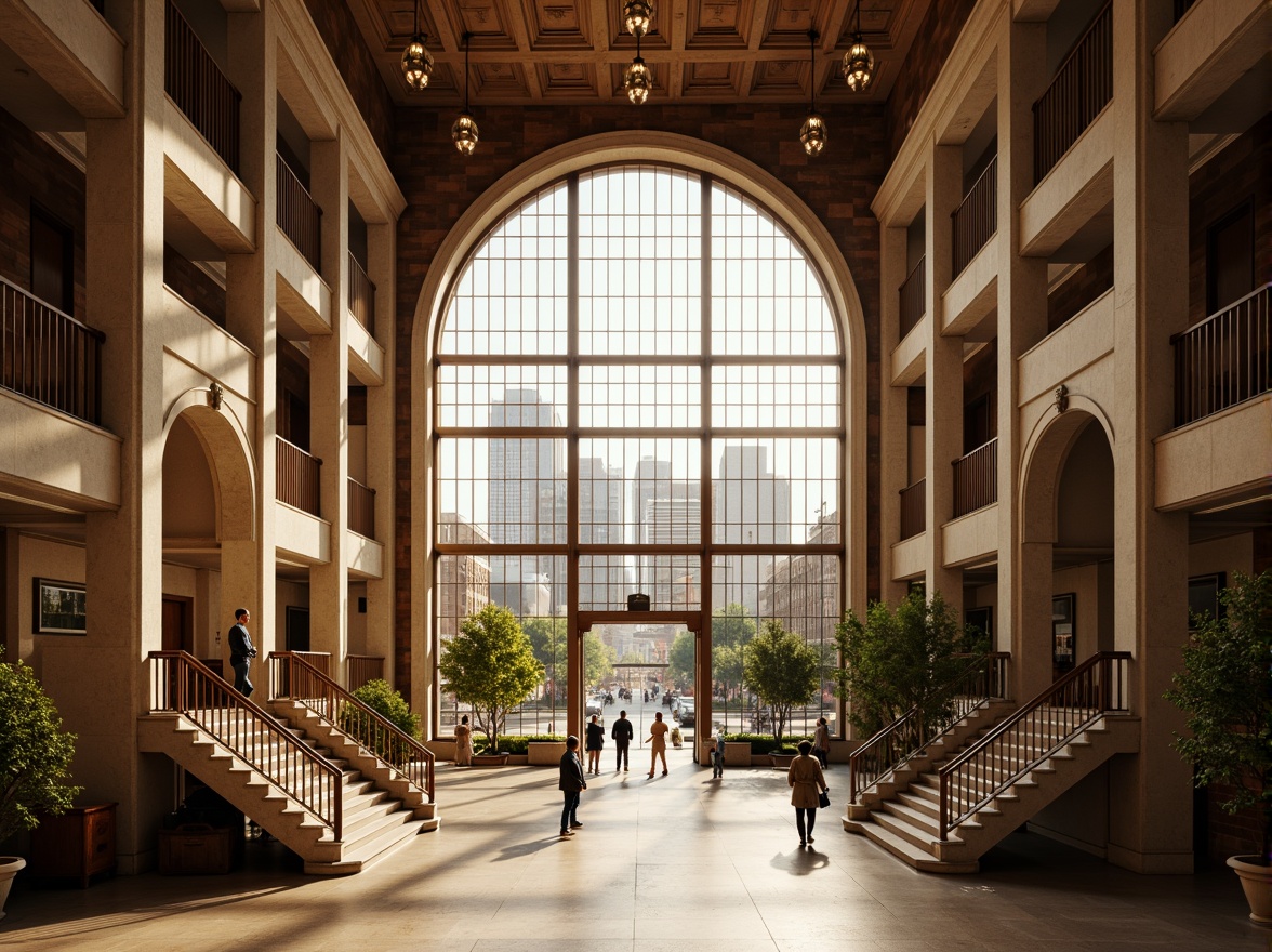 Prompt: Grand courthouse building, neoclassical architecture, granite stone fa\u00e7ade, columned entrance, sweeping staircases, high ceilings, ornate chandeliers, wooden paneling, natural light pouring in, large windows, panoramic views, cityscape backdrop, bustling streets, urban landscape, warm afternoon sunlight, soft focus, 1/1 composition, realistic rendering, subtle ambient occlusion.