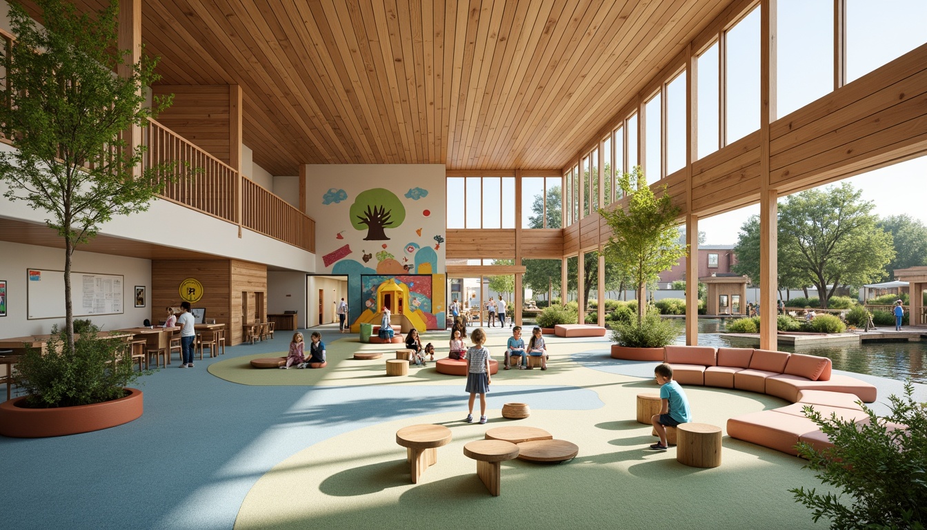 Prompt: Vibrant kindergarten playground, natural wood accents, colorful murals, playful sculptures, open classrooms, collaborative learning spaces, circular gathering areas, cozy reading nooks, interactive whiteboards, soft carpeted floors, abundant natural light, clerestory windows, sliding glass doors, outdoor exploration zones, sensory gardens, whimsical treehouses, wooden bridges, educational signage, modern minimalist furniture, airy atmosphere, shallow depth of field, 1/1 composition, panoramic view, realistic textures.