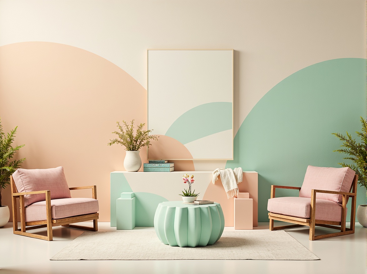 Prompt: Vibrant pastel hues, soft peach tones, calming mint greens, rich turquoise accents, creamy whites, warm beige backgrounds, subtle golden highlights, delicate lavender shades, earthy terracotta undertones, natural linen textures, ambient soft lighting, shallow depth of field, 1/1 composition, realistic renderings, gentle color transitions.