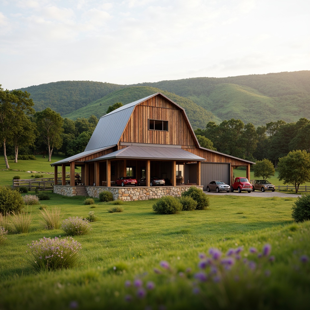 Prompt: Rustic barn, neoclassical architecture, rolling hills, lush green pastures, wooden fences, vintage farm equipment, wildflower meadows, serene countryside, soft warm lighting, shallow depth of field, 1/2 composition, natural stone foundations, wooden beams, rustic metal roofs, classic columns, symmetrical facades, earthy color palette, organic textures, ambient occlusion.