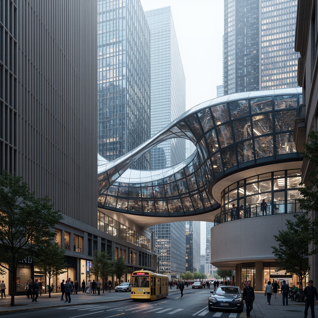 Prompt: Curved tram station, futuristic blob architecture, flowing organic shapes, iridescent glass fa\u00e7ade, metallic mesh cladding, soft diffused lighting, undulating rooflines, biomimetic design elements, parametric modeling, algorithmic patterns, intricate structural details, urban transportation hub, bustling city atmosphere, morning commuters rush, misty foggy weather, shallow depth of field, 1/1 composition, cinematic view, realistic textures, ambient occlusion.