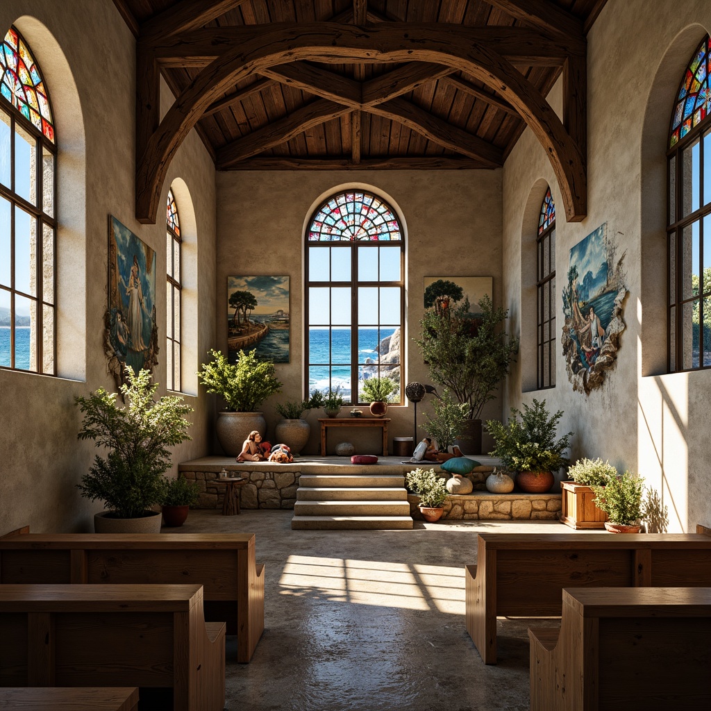 Prompt: Rustic coastal church, weathered stone fa\u00e7ade, stained glass windows, driftwood accents, nautical-themed decorations, ocean-inspired frescoes, vaulted ceilings, Romanesque arches, wooden pews, seaside landscape, crashing waves, salty air, warm sunlight, dramatic shadows, shallow depth of field, 1/1 composition, symmetrical framing, soft warm lighting, realistic textures, ambient occlusion.